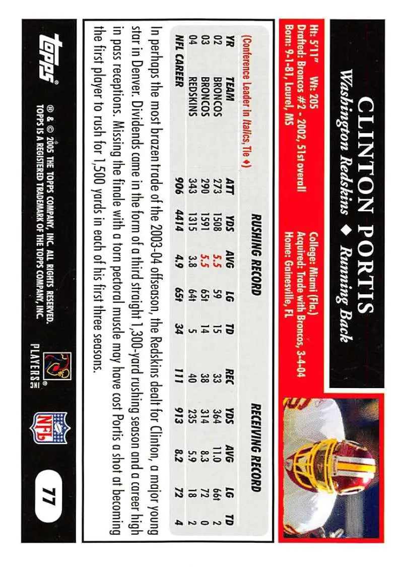 2005 Topps #77 Clinton Portis NM-MT Washington Redskins Football Card - Football Card Single