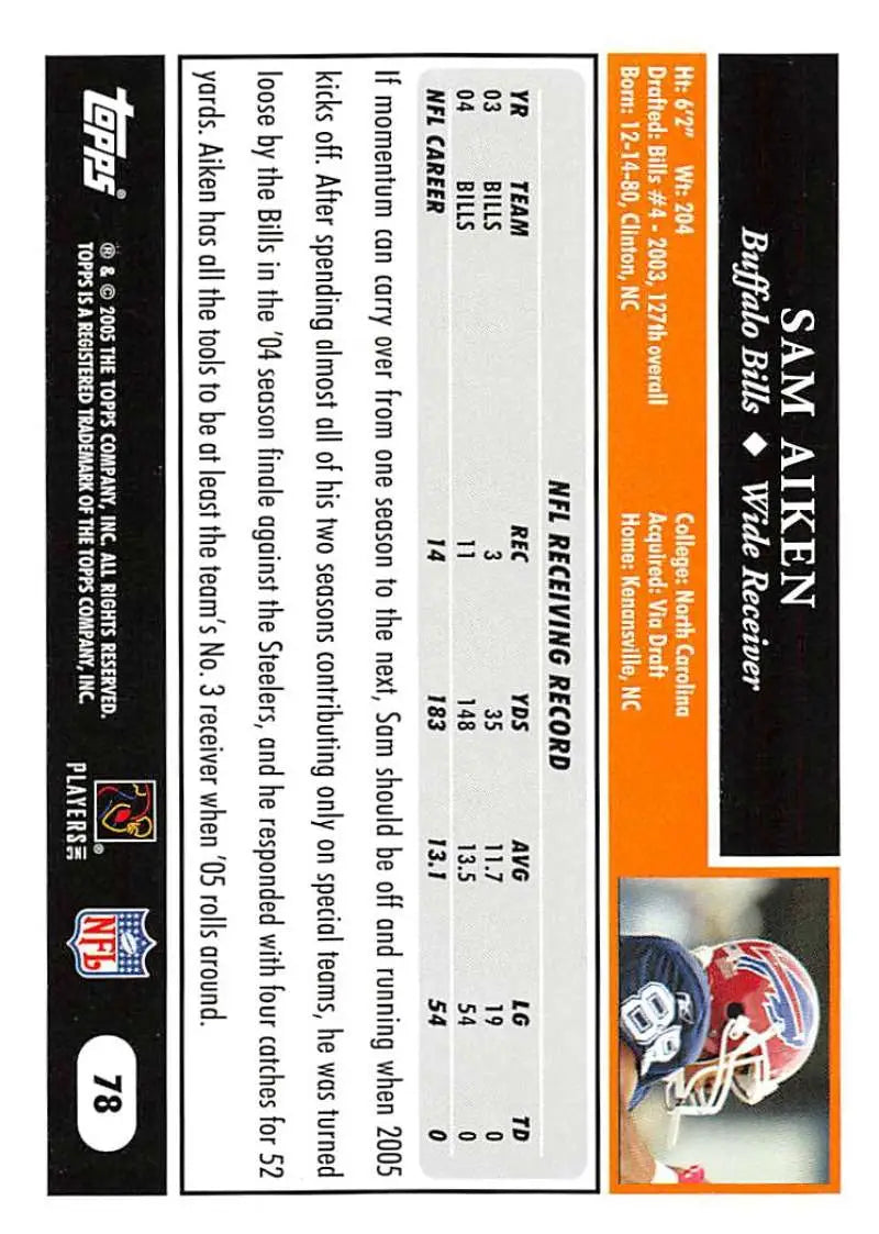 2005 Topps #78 Sam Aiken NM-MT Buffalo Bills Football Card - Football Card Single