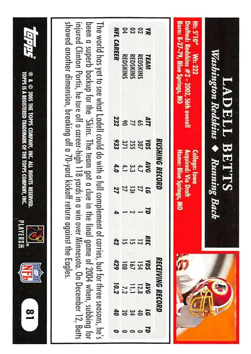 2005 Topps #81 Ladell Betts NM-MT Washington Redskins Football Card - Football Card Single