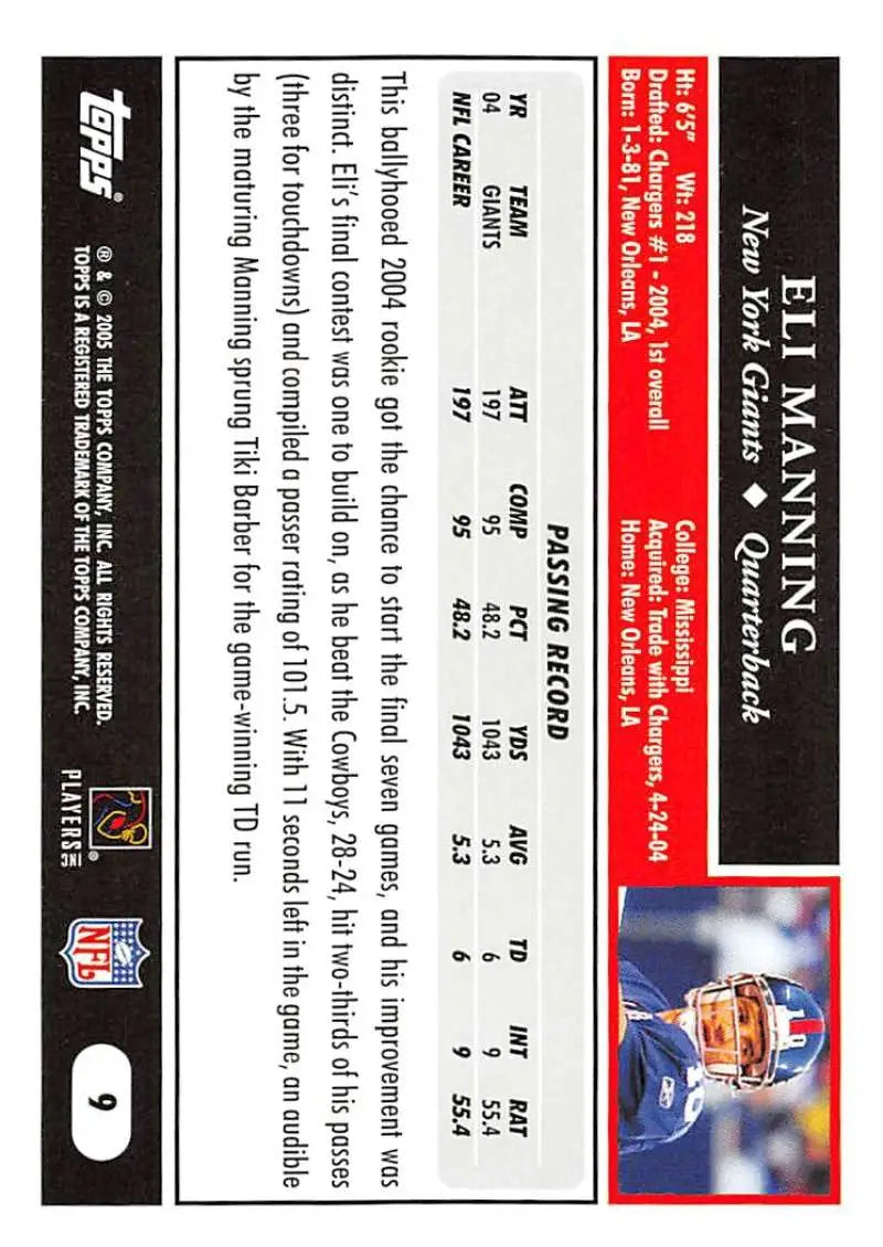 2005 Topps #9 Eli Manning NM-MT New York Giants Football Card - Football Card Single