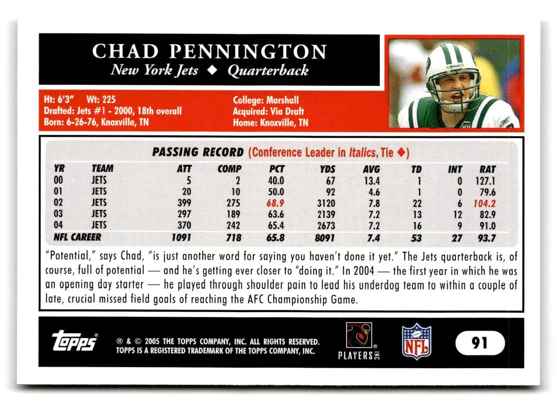 2005 Topps #91 Chad Pennington - Football Card Single