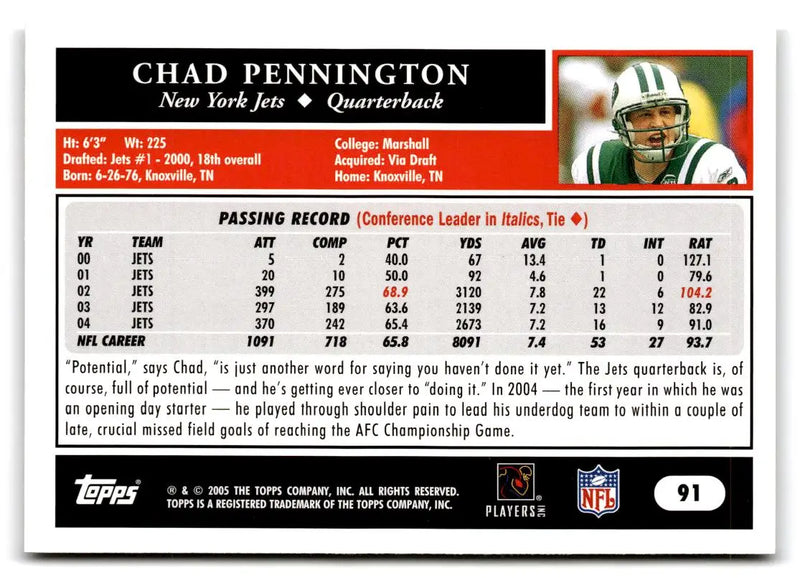 2005 Topps #91 Chad Pennington - Football Card Single