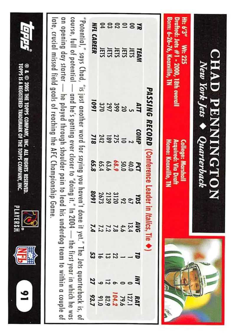 2005 Topps #91 Chad Pennington NM-MT New York Jets Football Card - Football Card Single