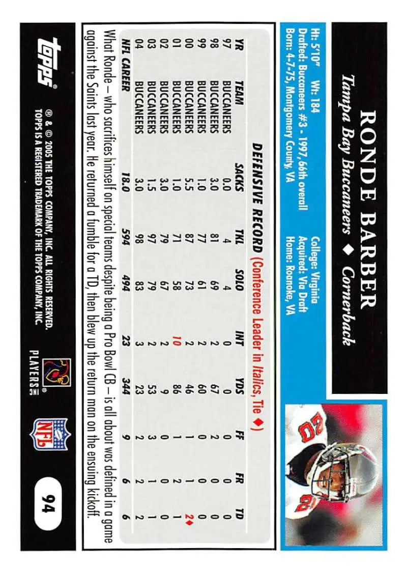 2005 Topps #94 Ronde Barber NM-MT Tampa Bay Buccaneers Football Card - Football Card Single