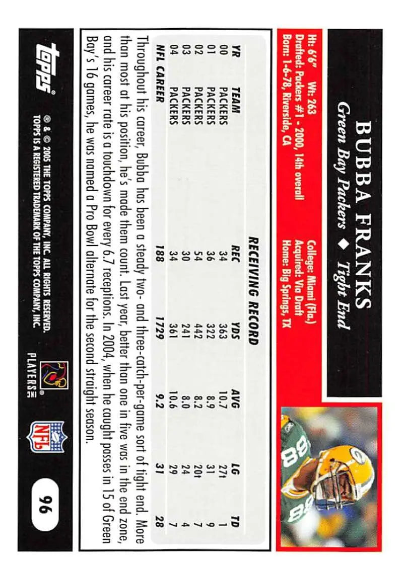 2005 Topps #96 Bubba Franks NM-MT Green Bay Packers Football Card - Football Card Single