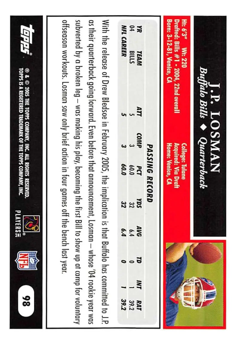 2005 Topps #98 J.P. Losman NM-MT Buffalo Bills Football Card - Football Card Single