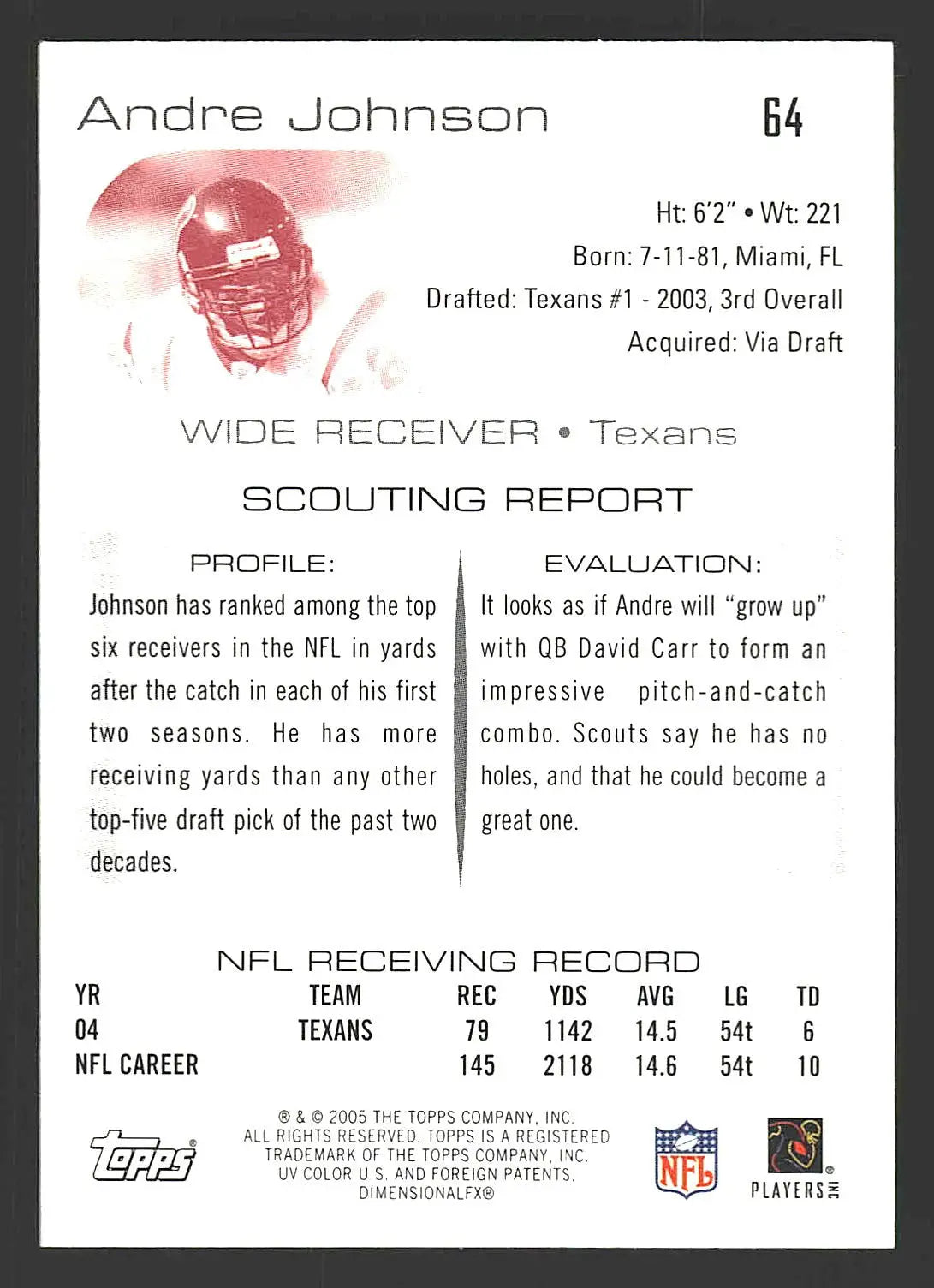 2005 Topps Draft Picks & Prospects #64 Andre Johnson Chrome - Football Card Single