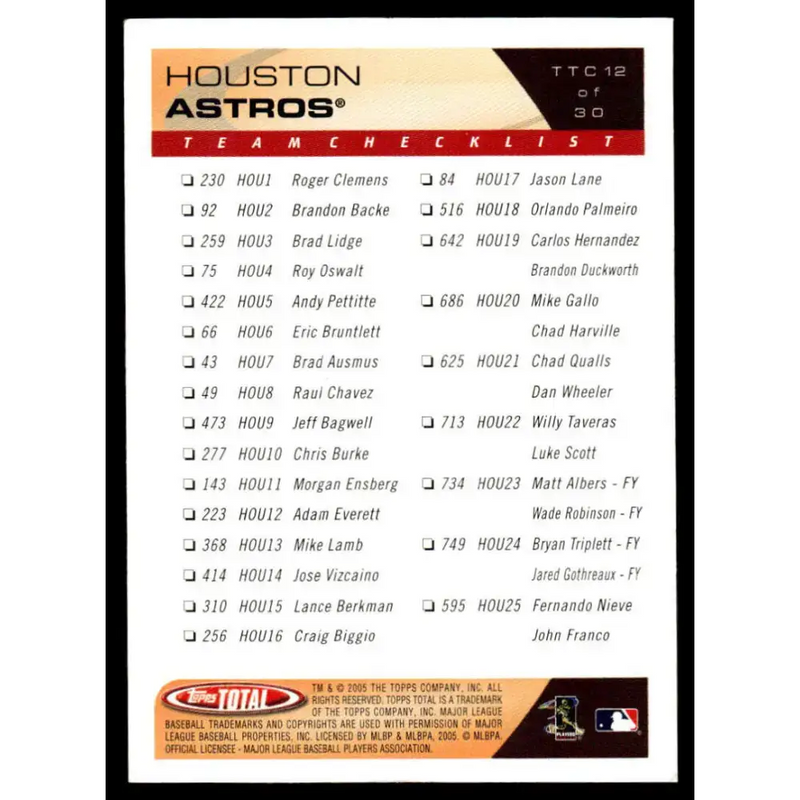 2005 Topps Total #TTC12 Roger Clemens EX/NM Houston Astros Baseball Card - Baseball Card Single