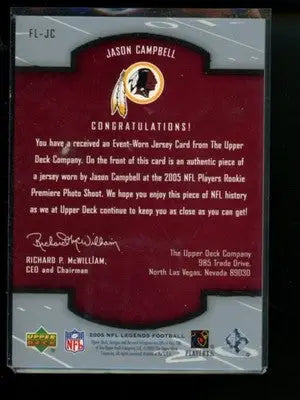 2005 Upper Deck NFL Legends Football Jason Campbell #FL-JC Authentic Jersey - Sports Memorabilia
