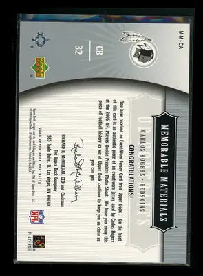 2005 Upper Deck UD Portraits Memorable Materials Carlos Rogers #MM-CA Mem - Sports Memorabilia