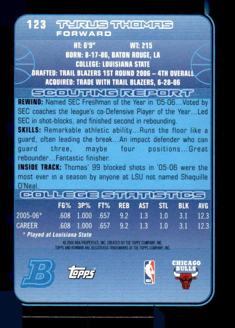 2006-07 Bowman #123 Tyrus Thomas Base RC Chicago Bulls - Basketball Card Single