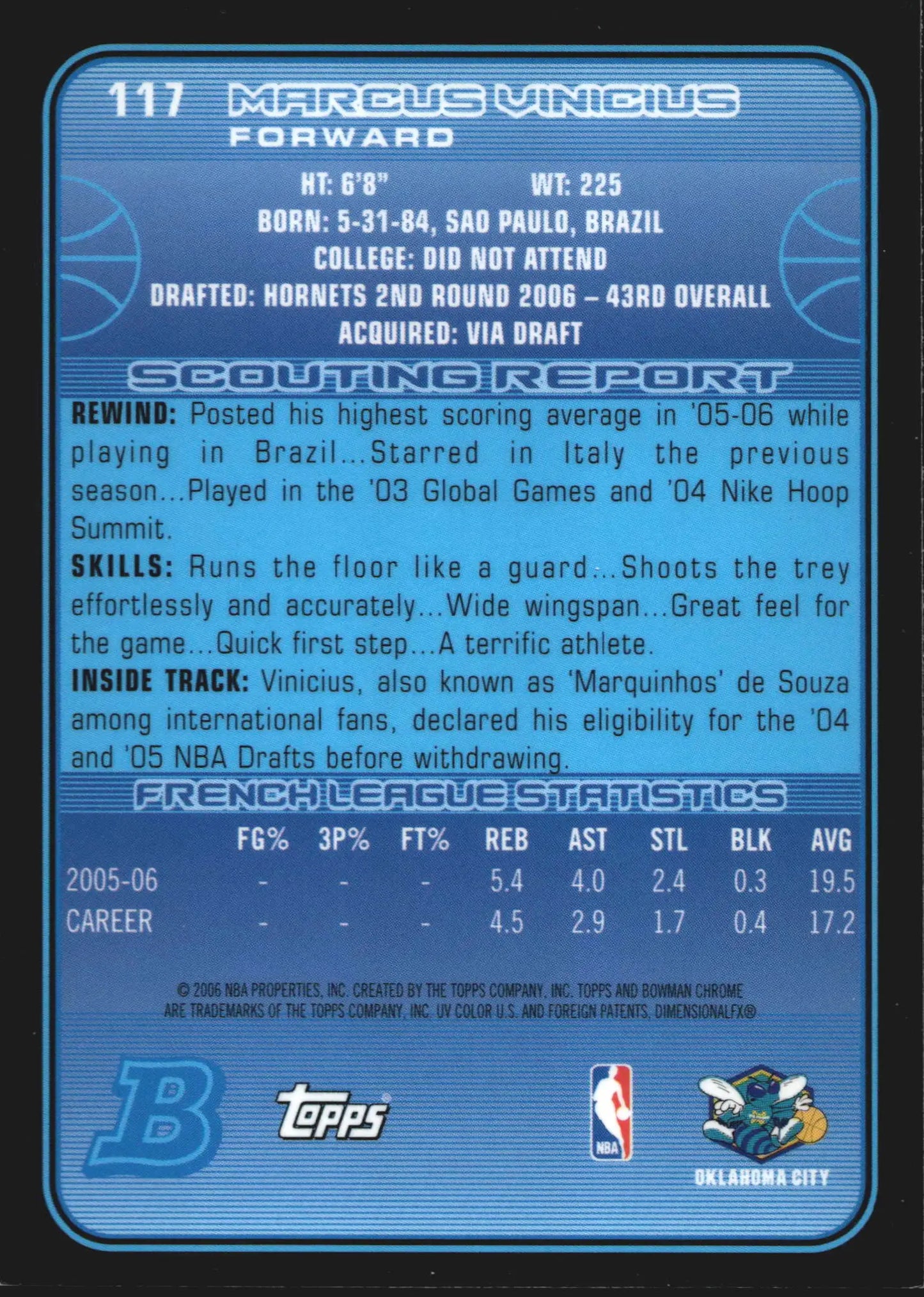 2006-07 Bowman Chrome Marcus Vinicius #117 RC New Orleans Hornets Rookie
