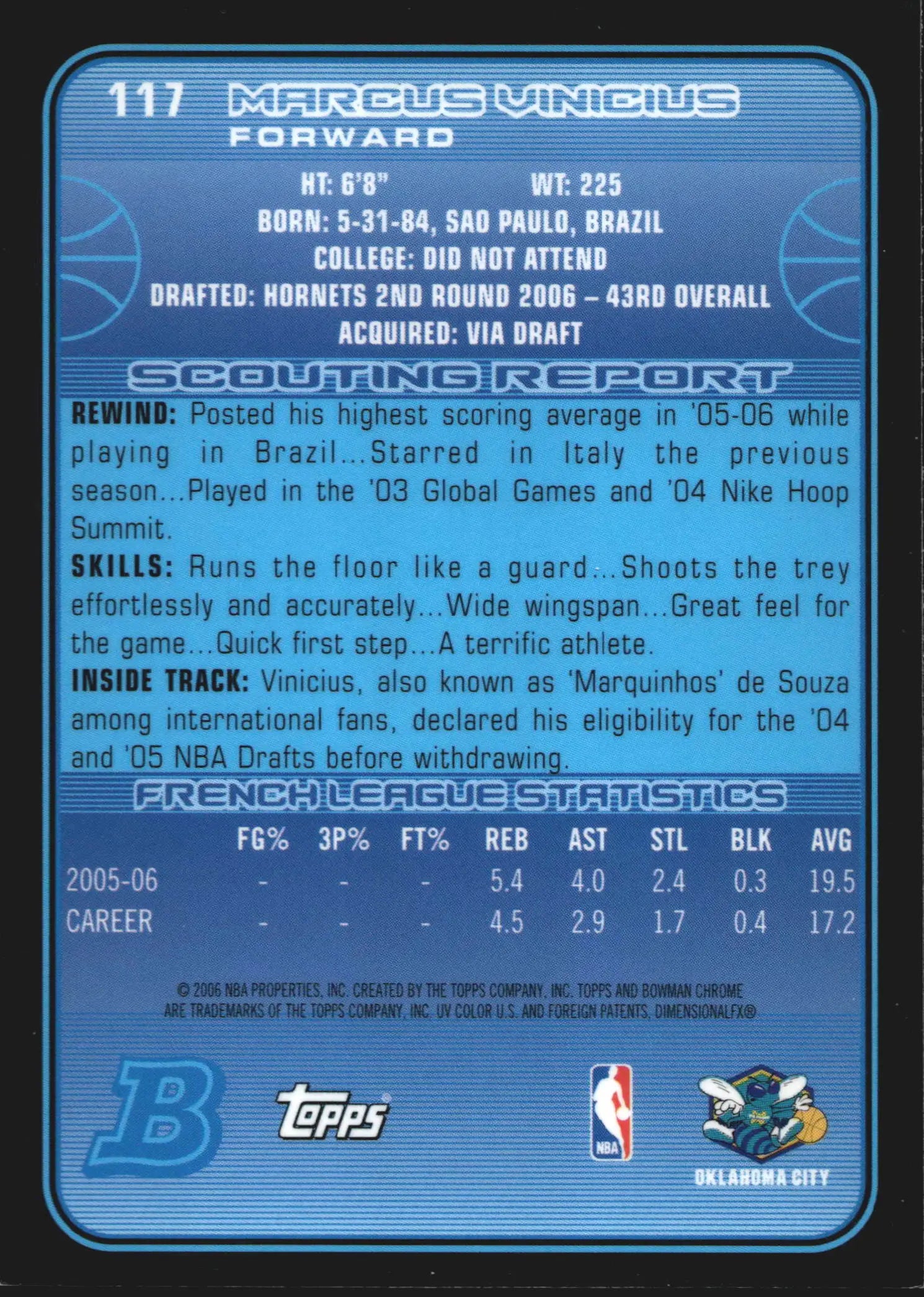 2006-07 Bowman Chrome Marcus Vinicius #117 RC New Orleans Hornets Rookie