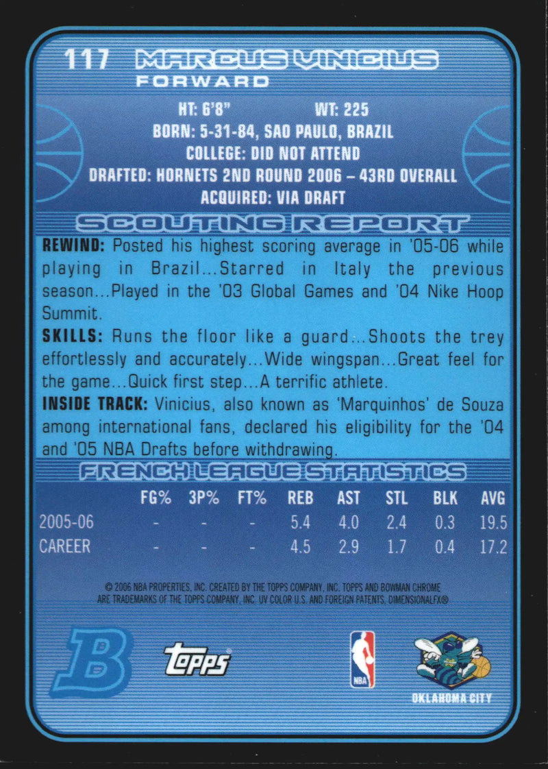 2006-07 Bowman Chrome Marcus Vinicius #117 RC New Orleans Hornets Rookie