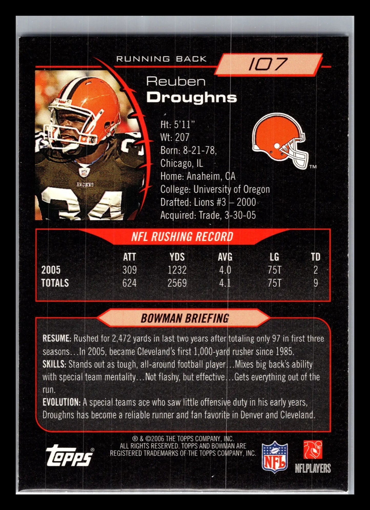 2006 Bowman #107 Reuben Droughns Cleveland Browns - Football Card Single