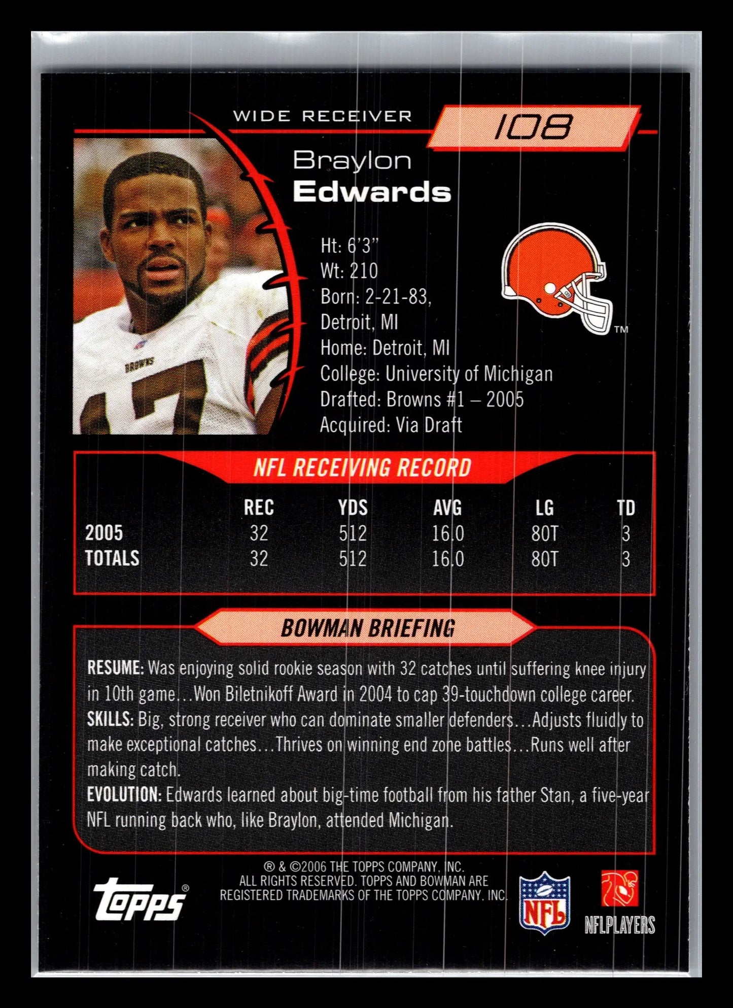 2006 Bowman #108 Braylon Edwards Cleveland Browns - Football Card Single