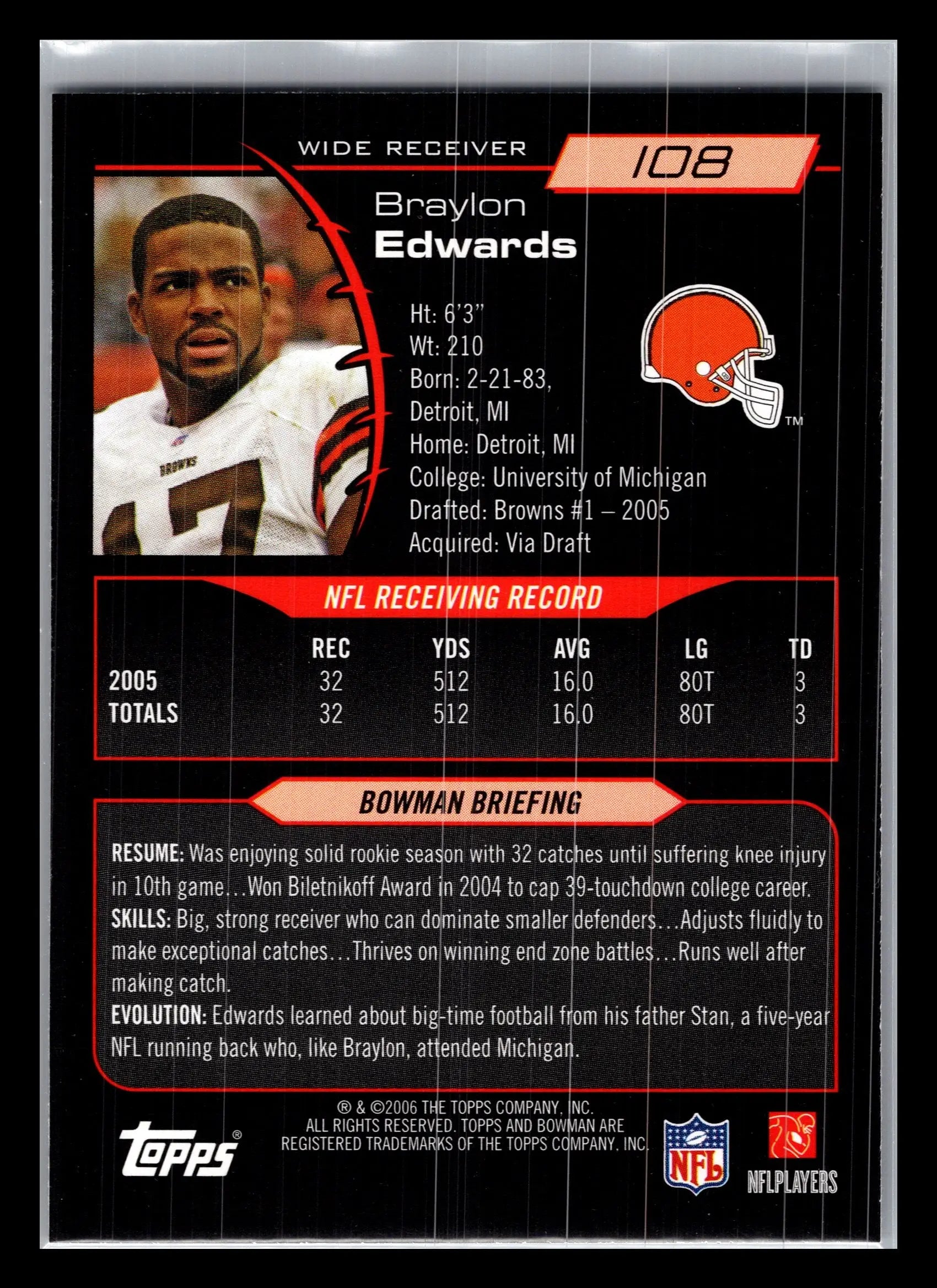 2006 Bowman #108 Braylon Edwards Cleveland Browns - Football Card Single