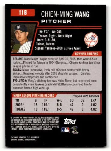 Chien-Ming Wang Yankees baseball card with original gloss from 2006 Bowman series