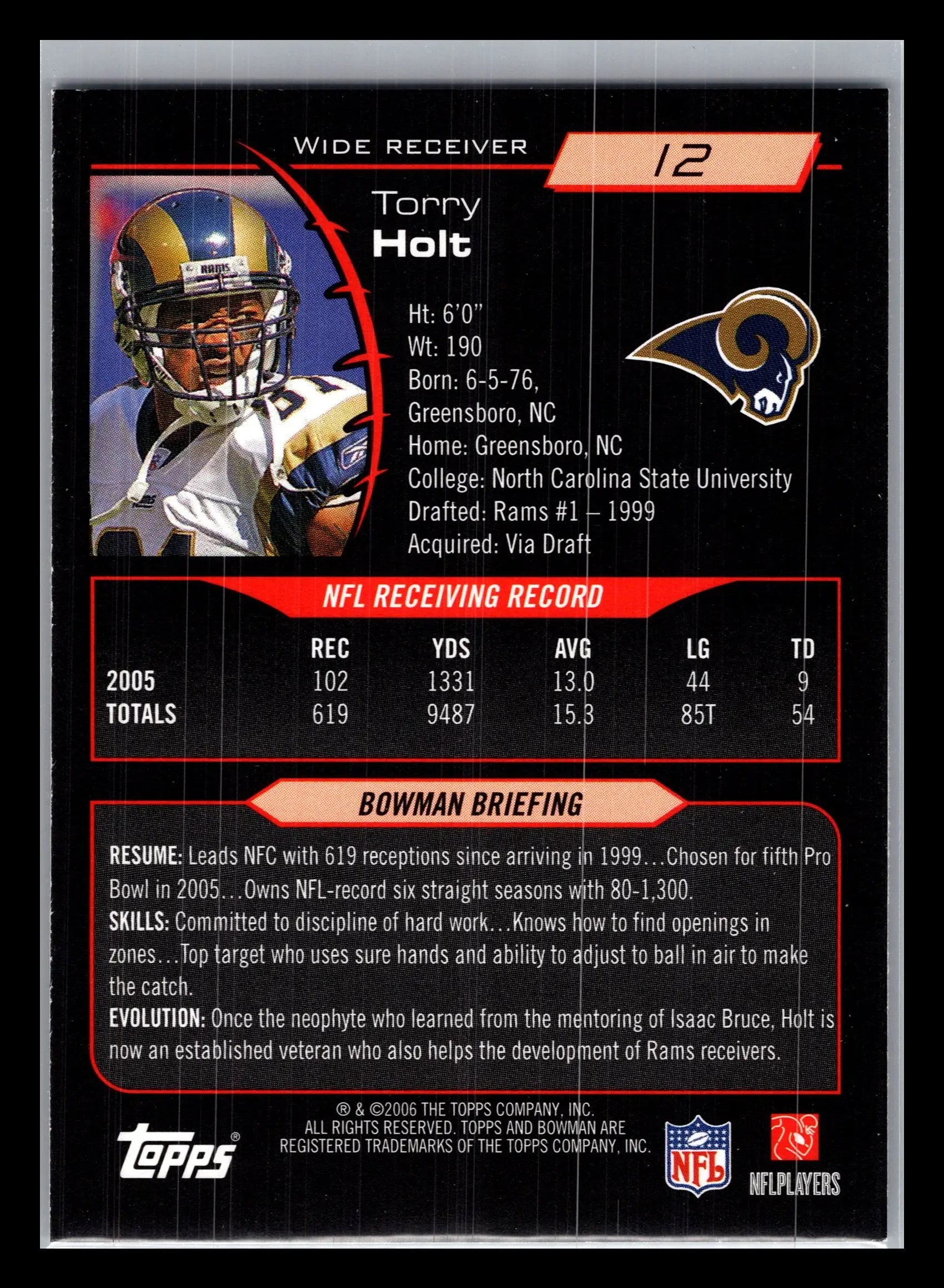 2006 Bowman #12 Torry Holt St. Louis Rams - Football Card Single