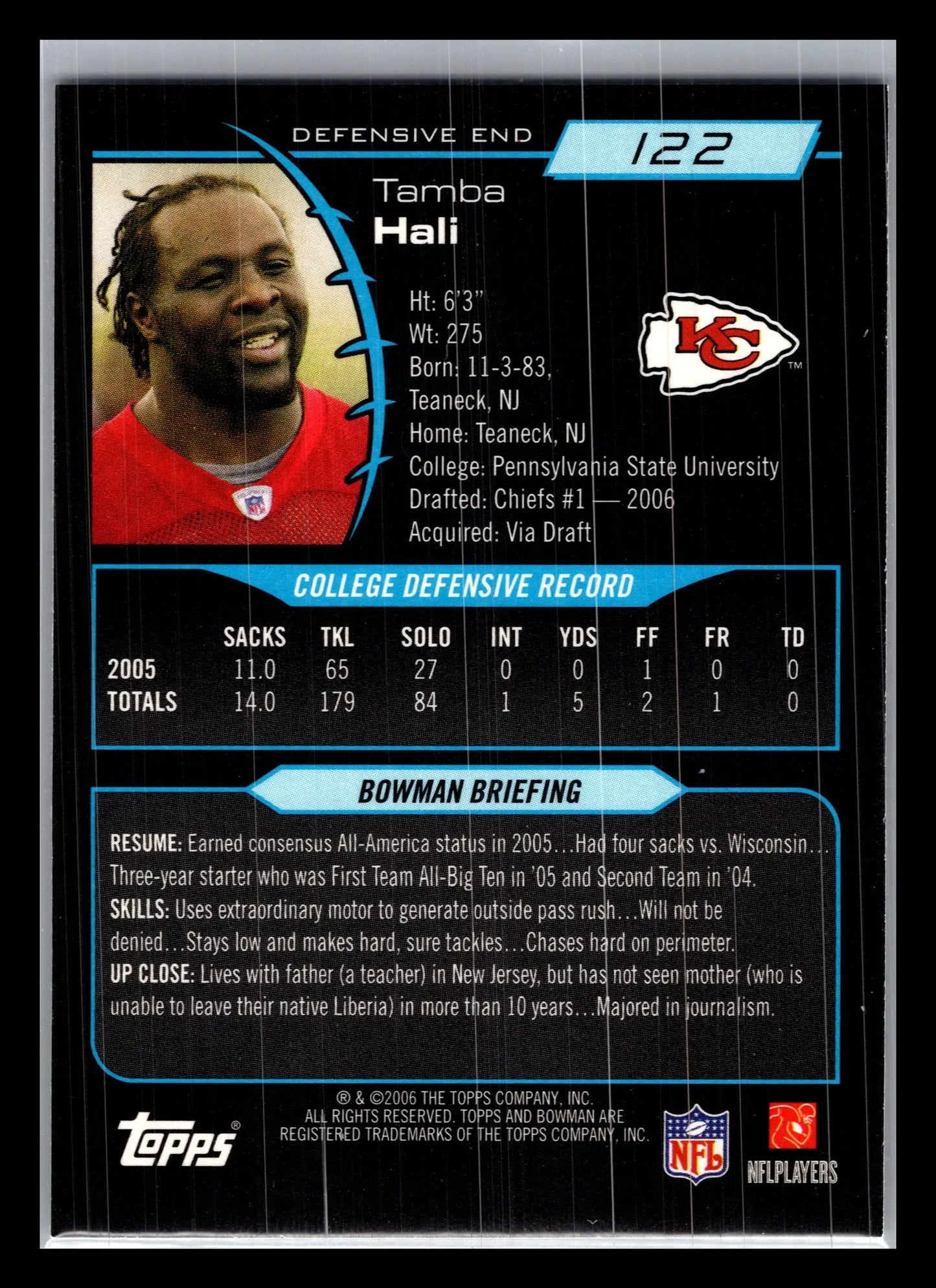 2006 Bowman #122 Tamba Hali Kansas City Chiefs Rookie - Football Card Single