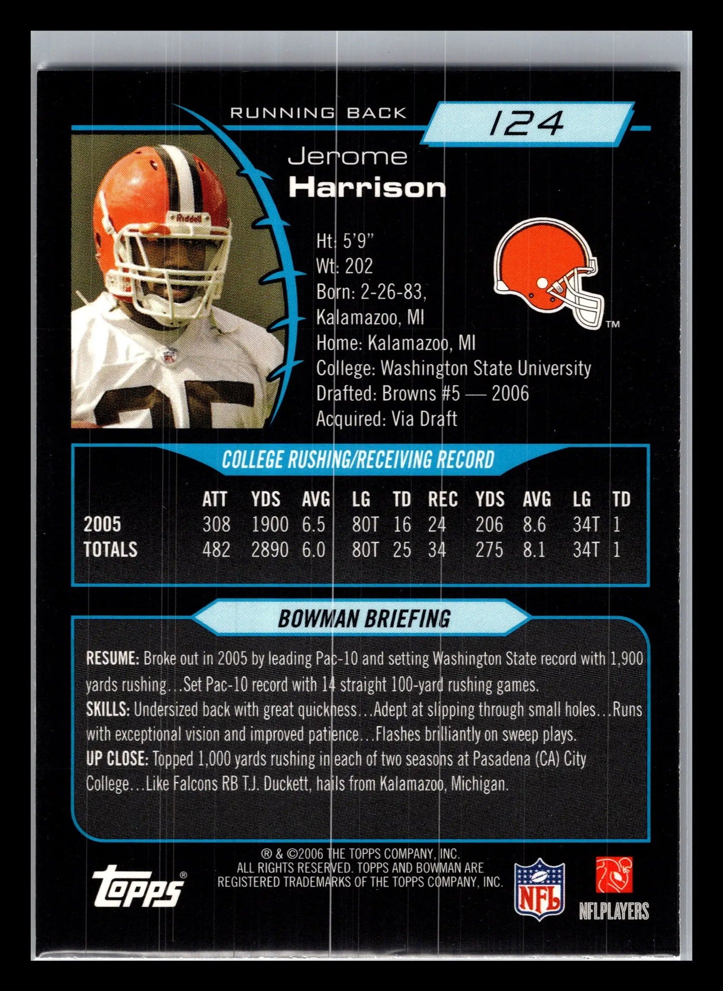 2006 Bowman #124 Jerome Harrison Cleveland Browns Rookie