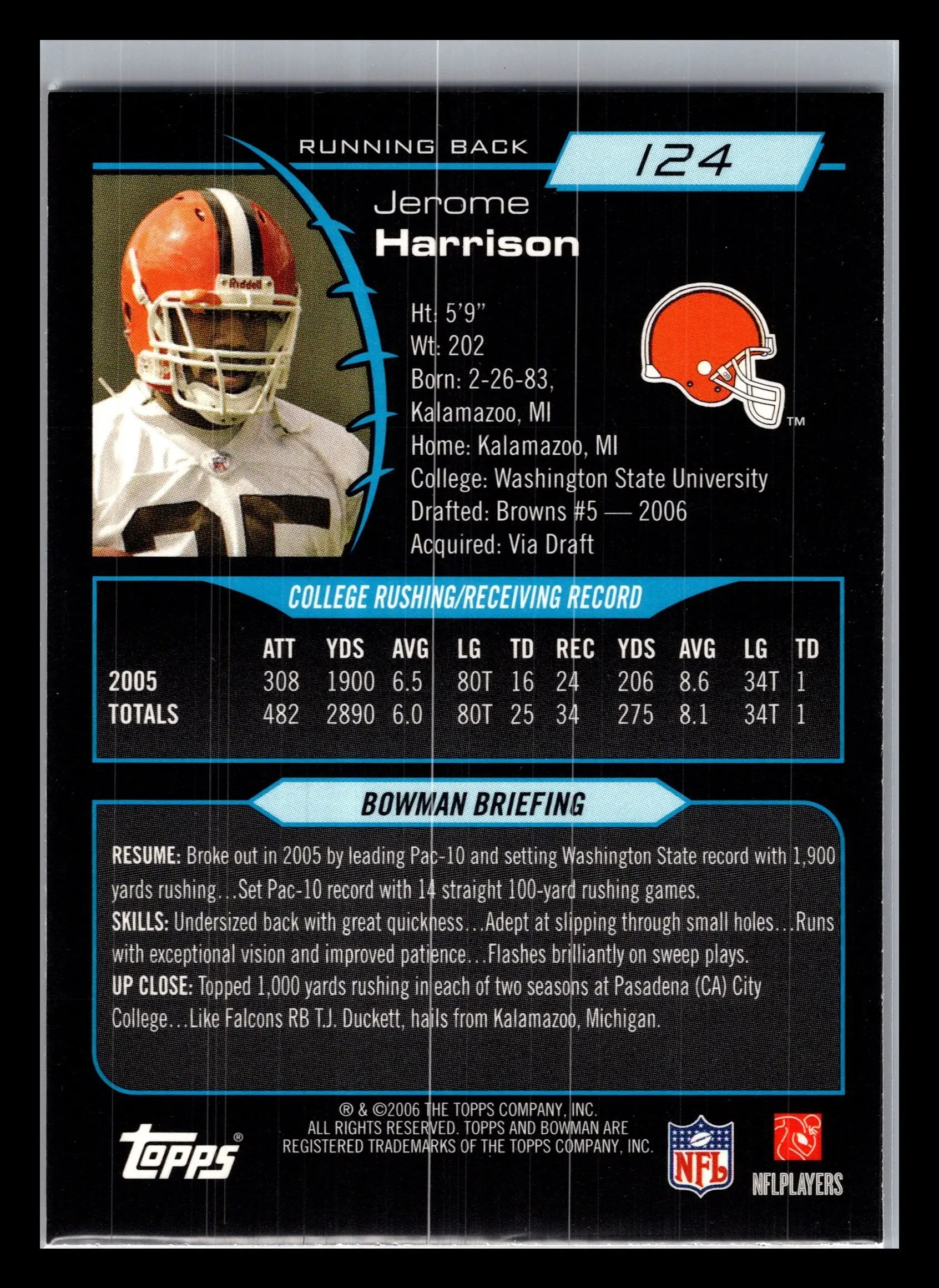 2006 Bowman #124 Jerome Harrison Cleveland Browns Rookie