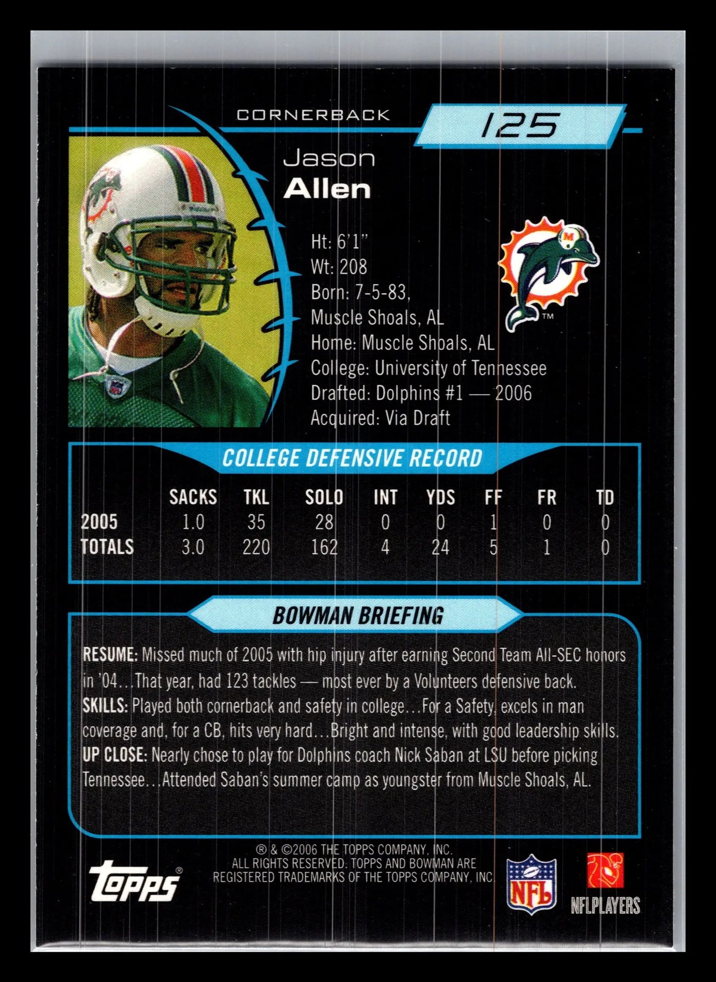 2006 Bowman #125 Jason Allen Miami Dolphins Rookie - Football Card Single