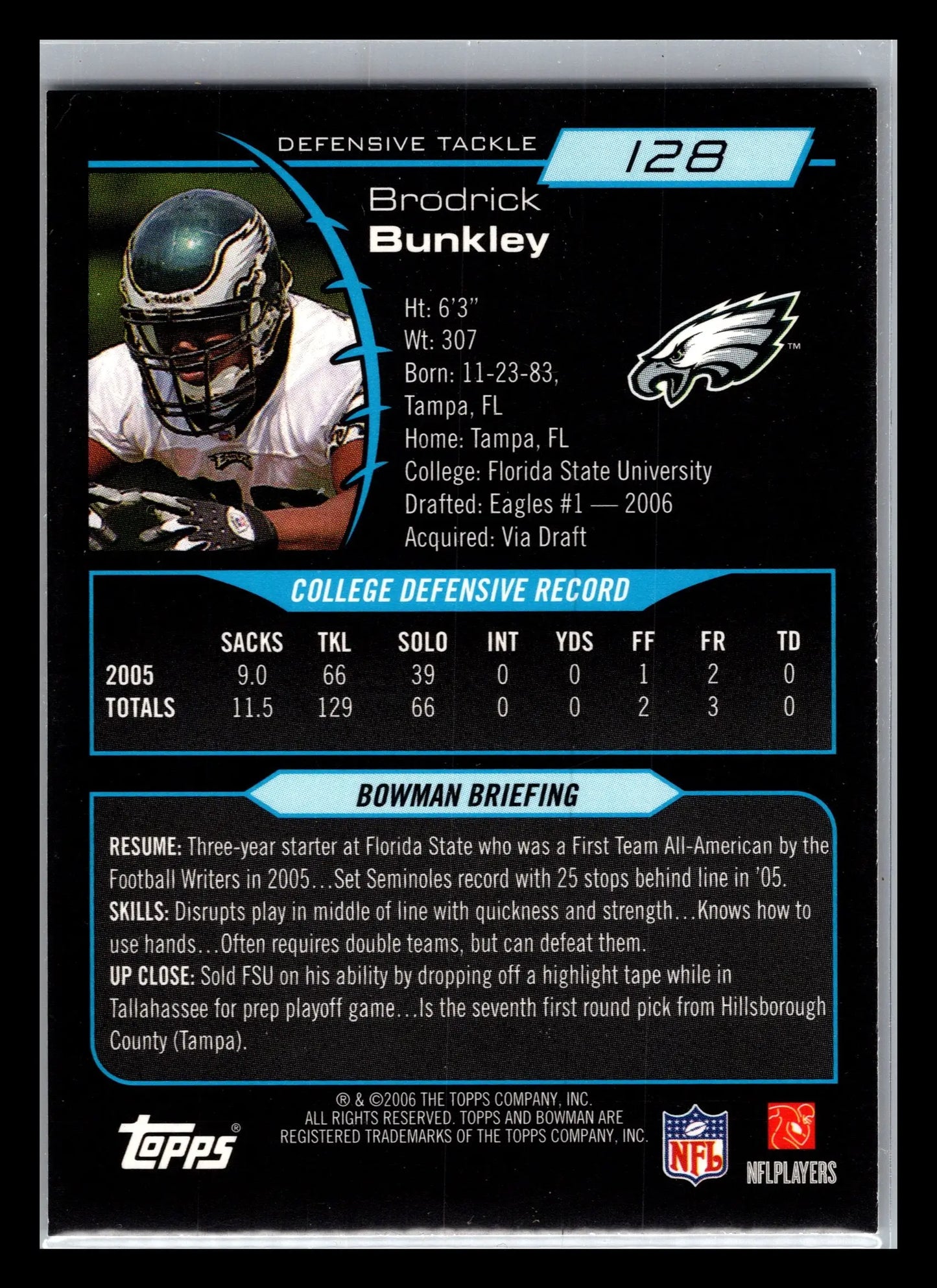 2006 Bowman #128 Brodrick Bunkley Philadelphia Eagles Rookie - Football Card Single