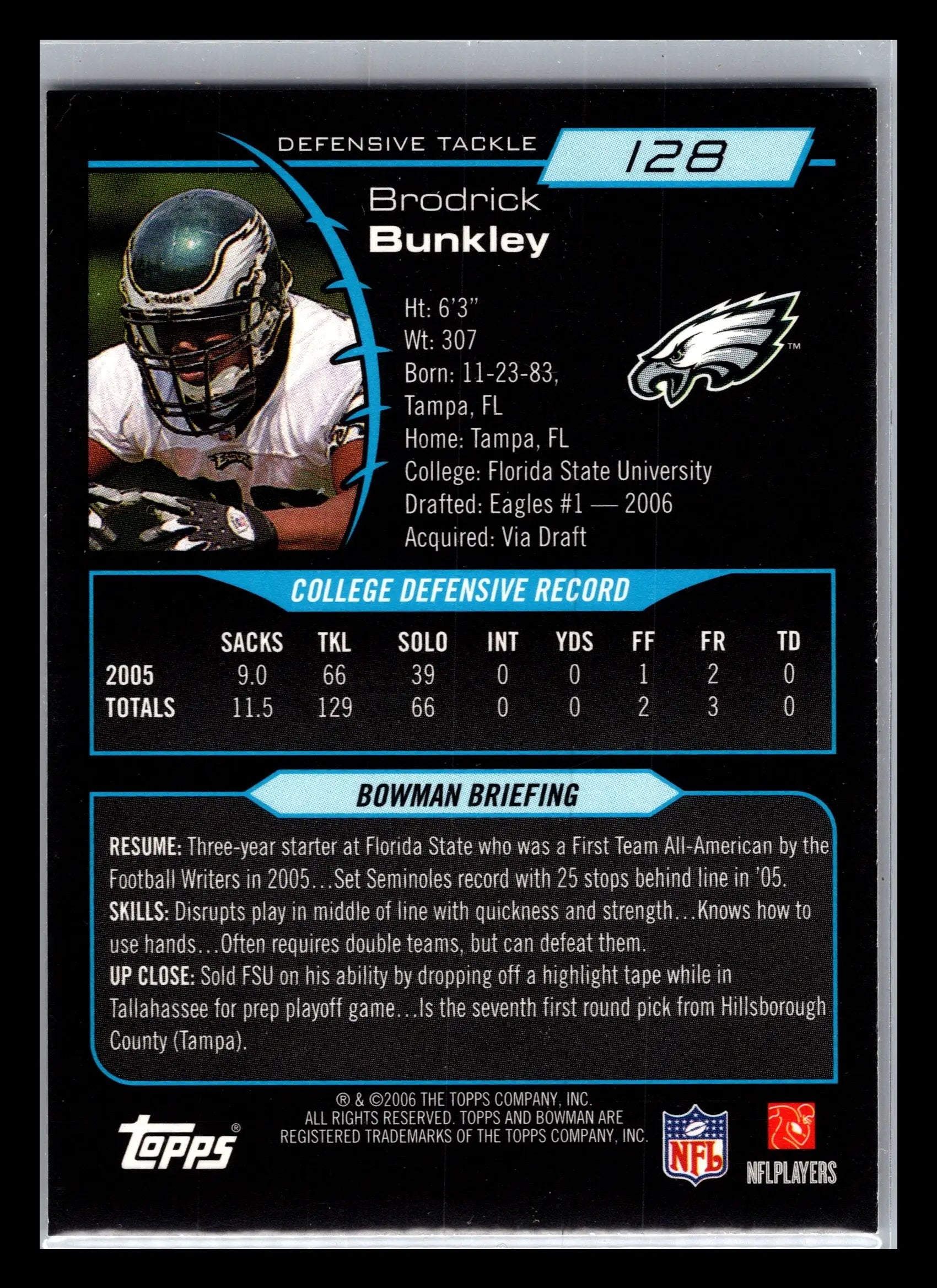 2006 Bowman #128 Brodrick Bunkley Philadelphia Eagles Rookie - Football Card Single