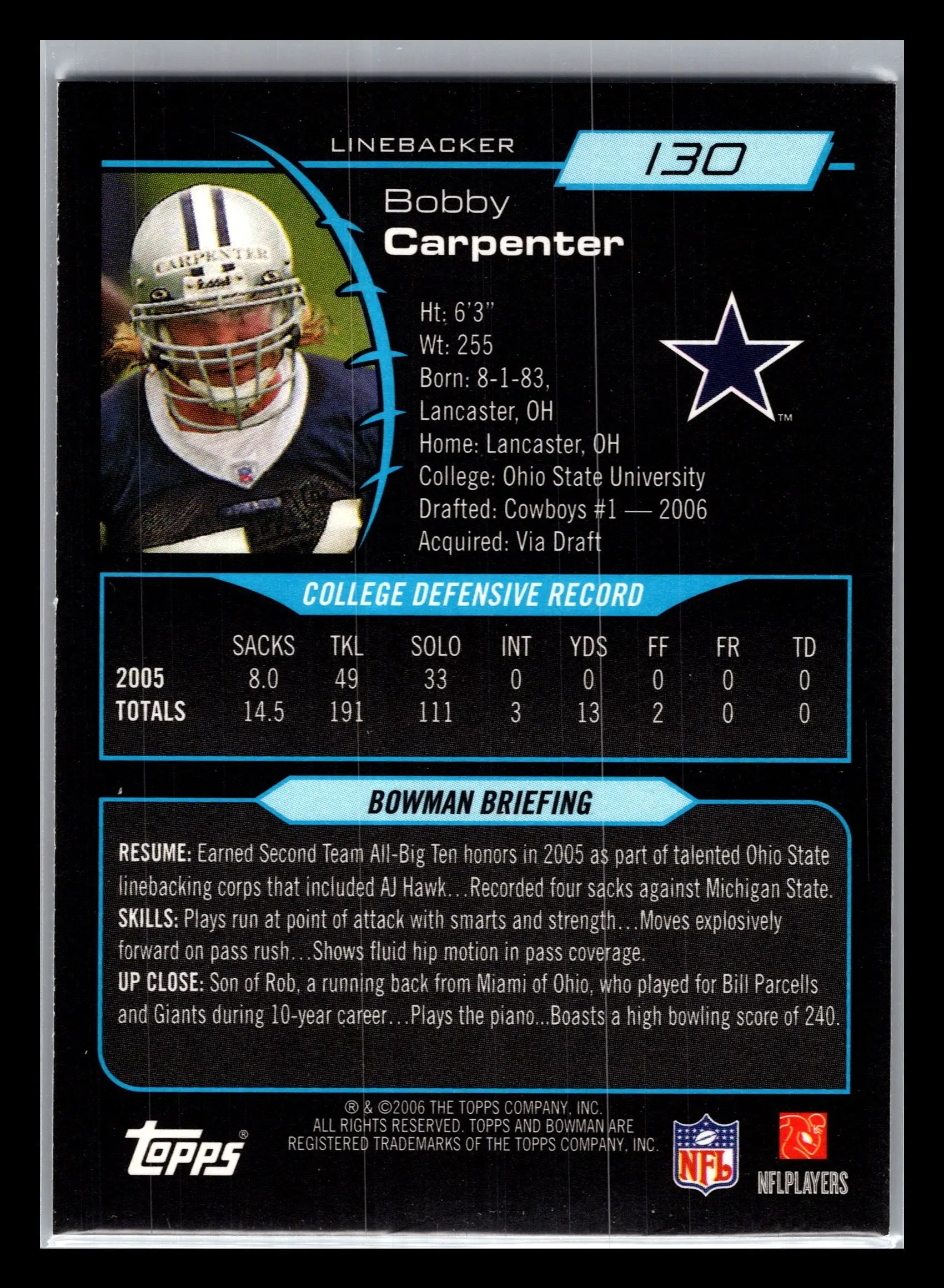 2006 Bowman #130 Bobby Carpenter Dallas Cowboys Rookie - Football Card Single