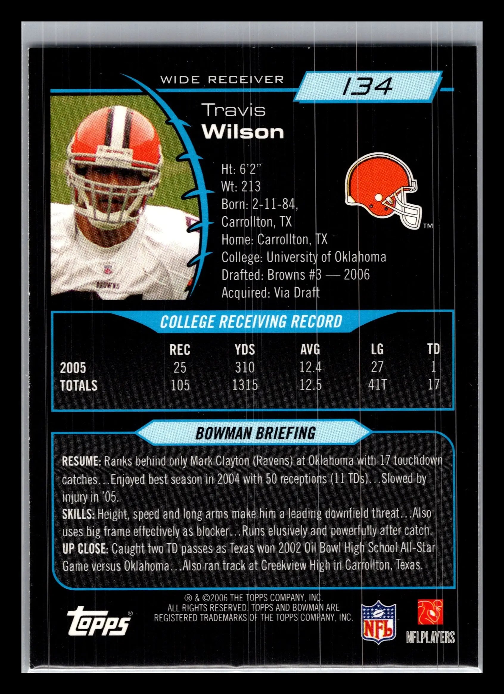 2006 Bowman #134 Travis Wilson Cleveland Browns Rookie - Football Card Single