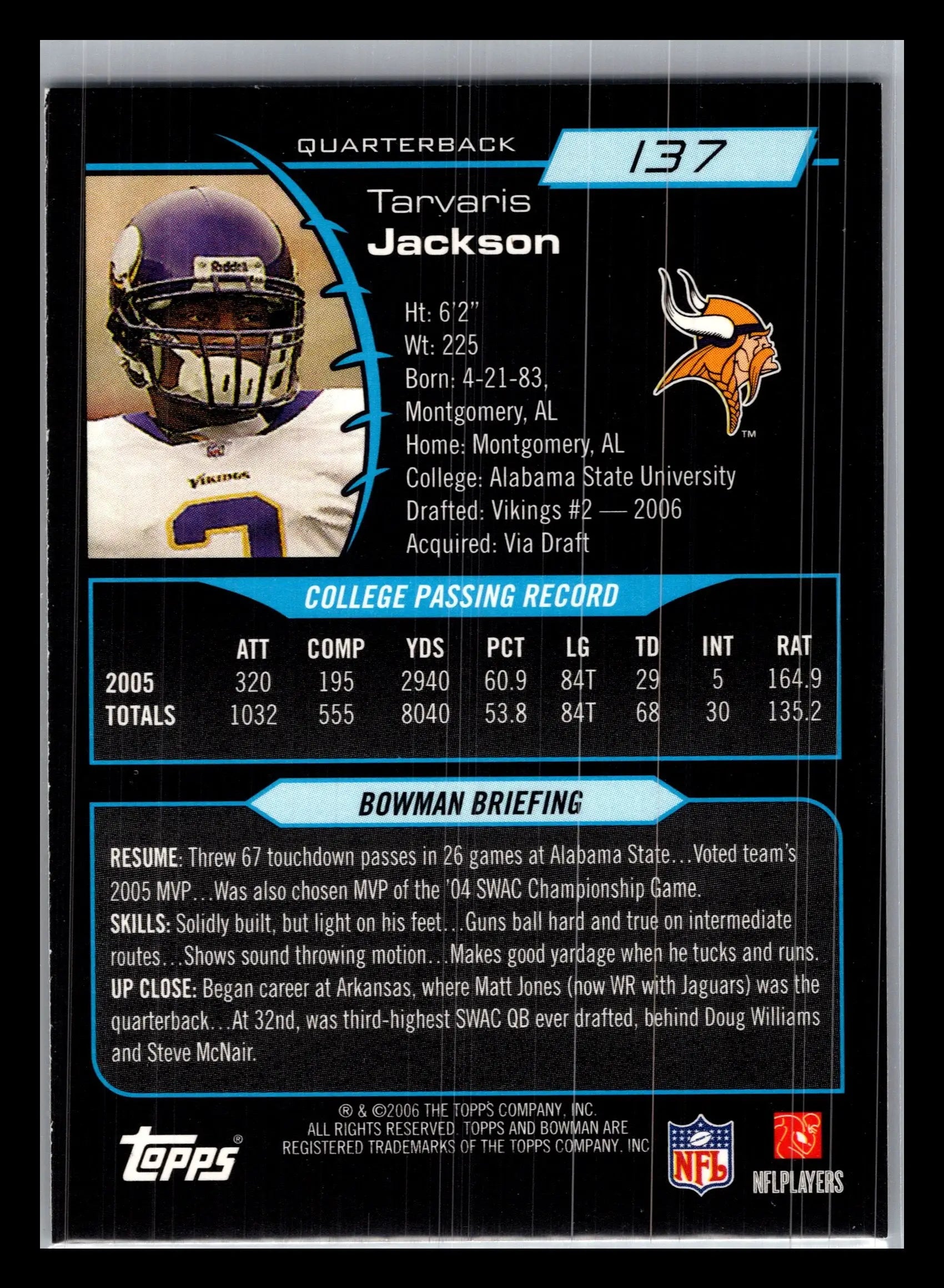 2006 Bowman #137 Tarvaris Jackson Minnesota Vikings Rookie - Football Card Single