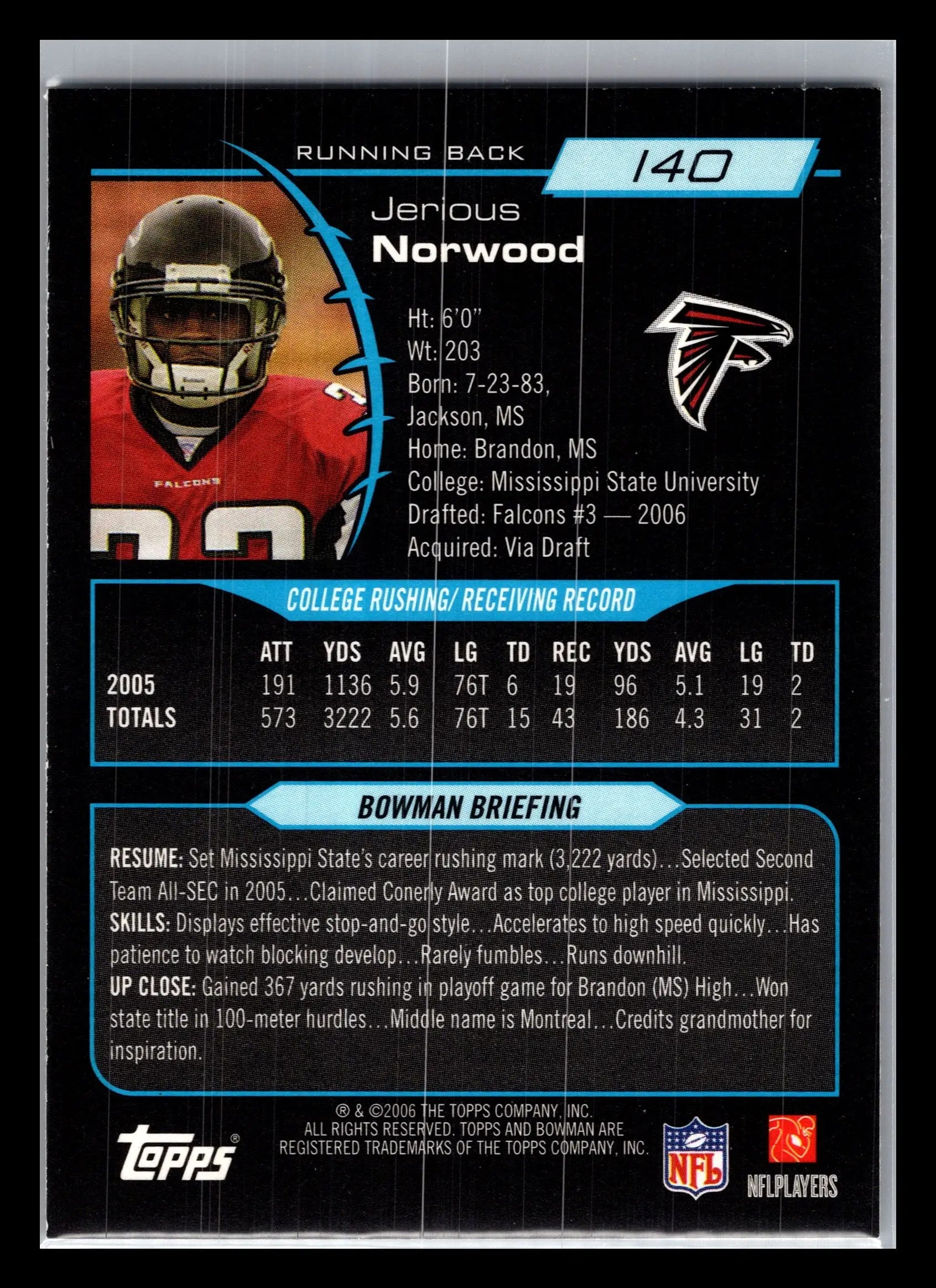 2006 Bowman #140 Jerious Norwood Atlanta Falcons Rookie - Football Card Single