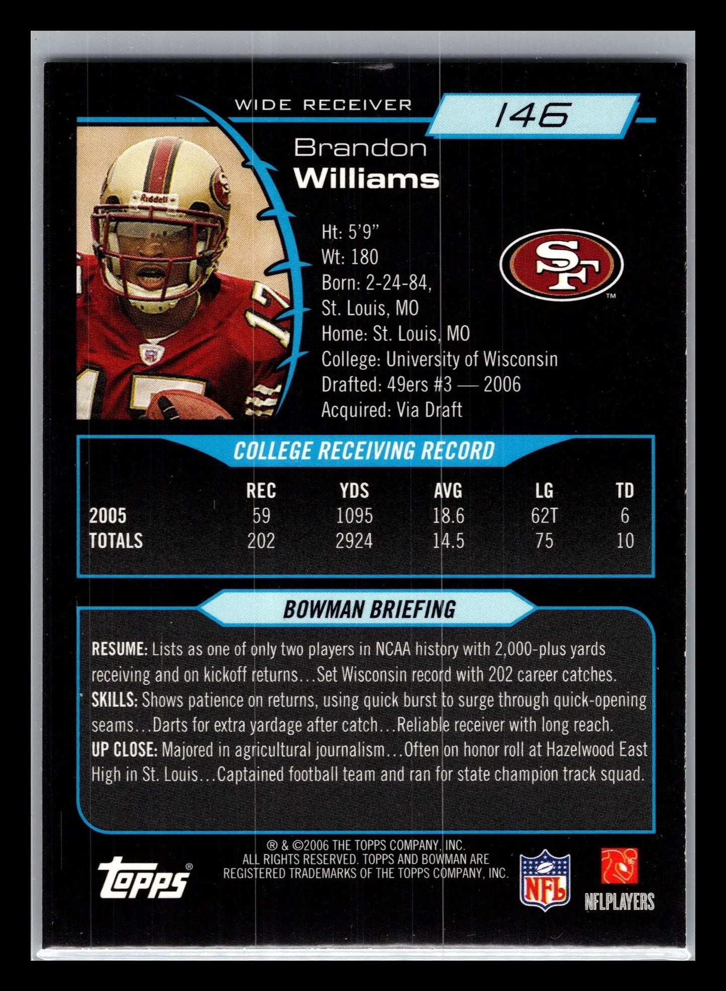 2006 Bowman #146 Brandon Williams San Francisco 49ers Rookie