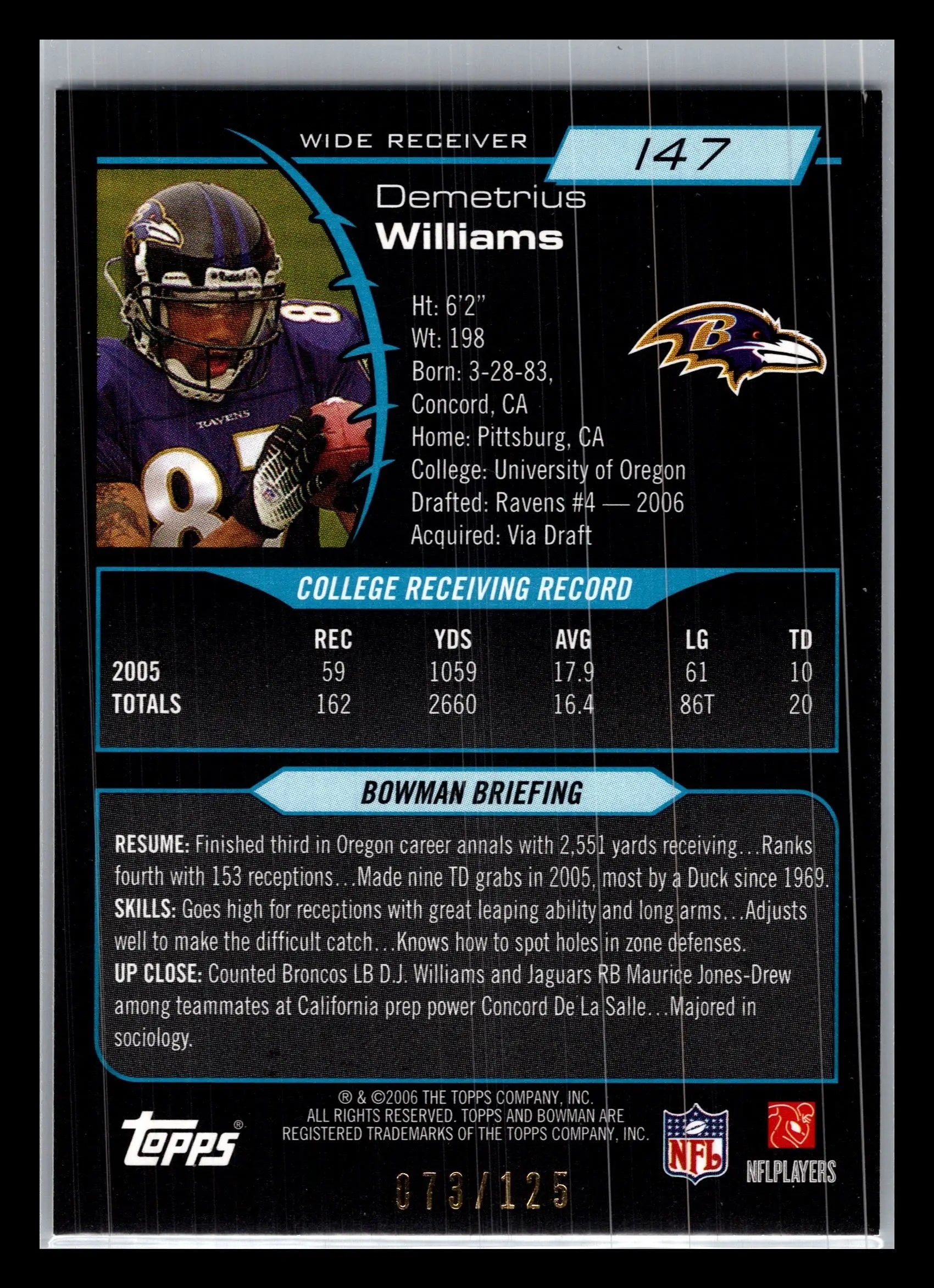 2006 Bowman #147 Demetrius Williams White #/125 Baltimore Ravens Rookie - Football Card Single