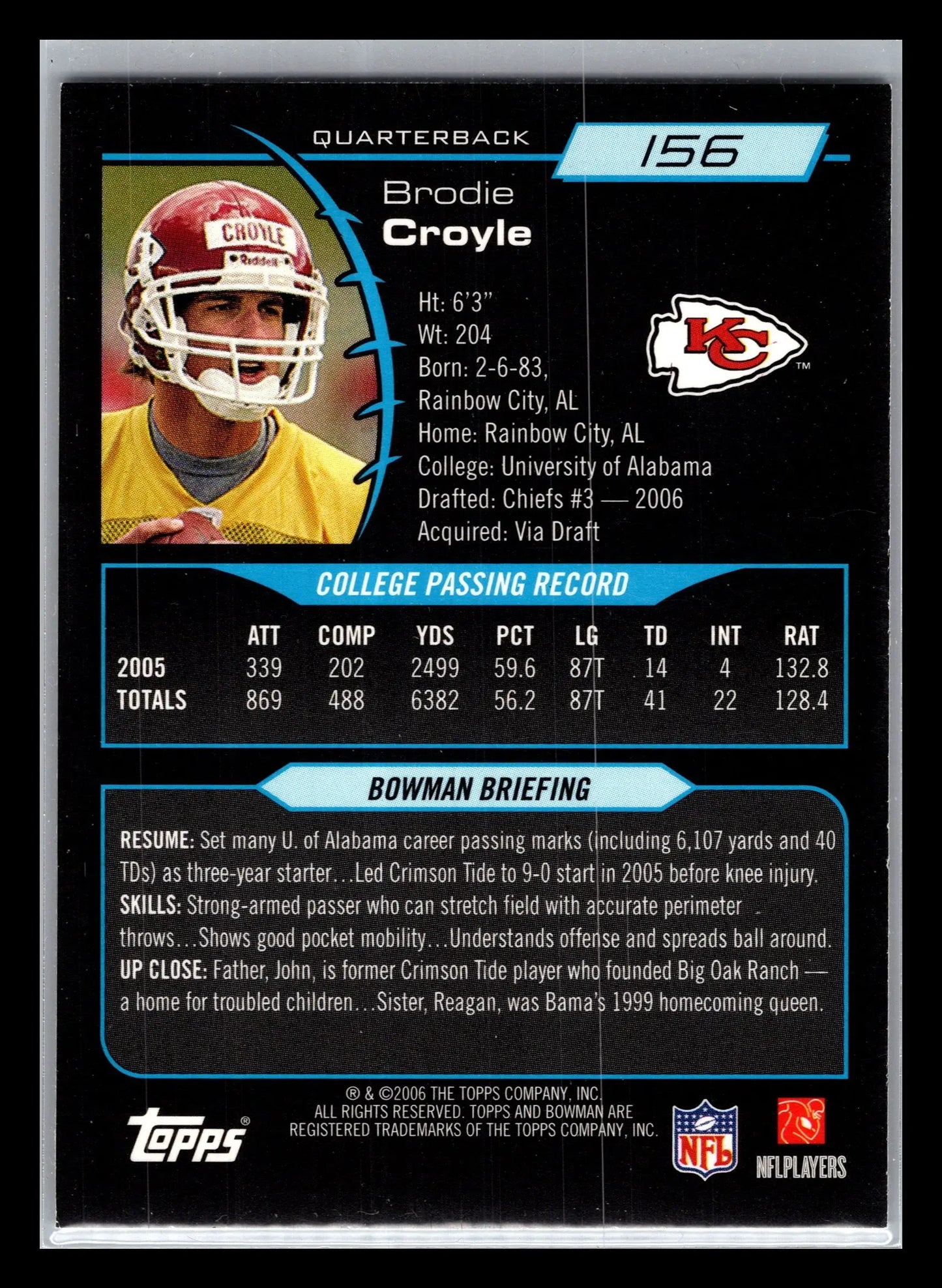 2006 Bowman #156 Brodie Croyle Kansas City Chiefs Rookie - Football Card Single