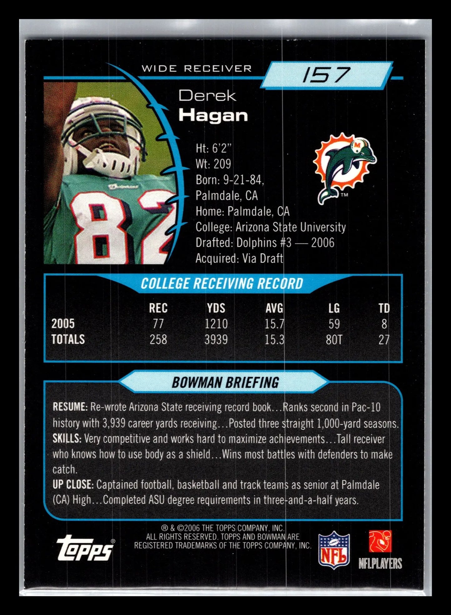 2006 Bowman #157 Derek Hagan Miami Dolphins Rookie - Football Card Single