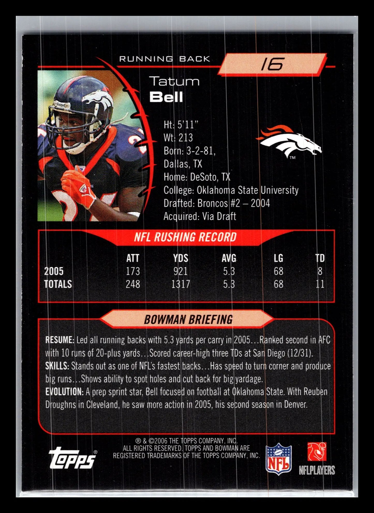 2006 Bowman #16 Tatum Bell Denver Broncos - Football Card Single