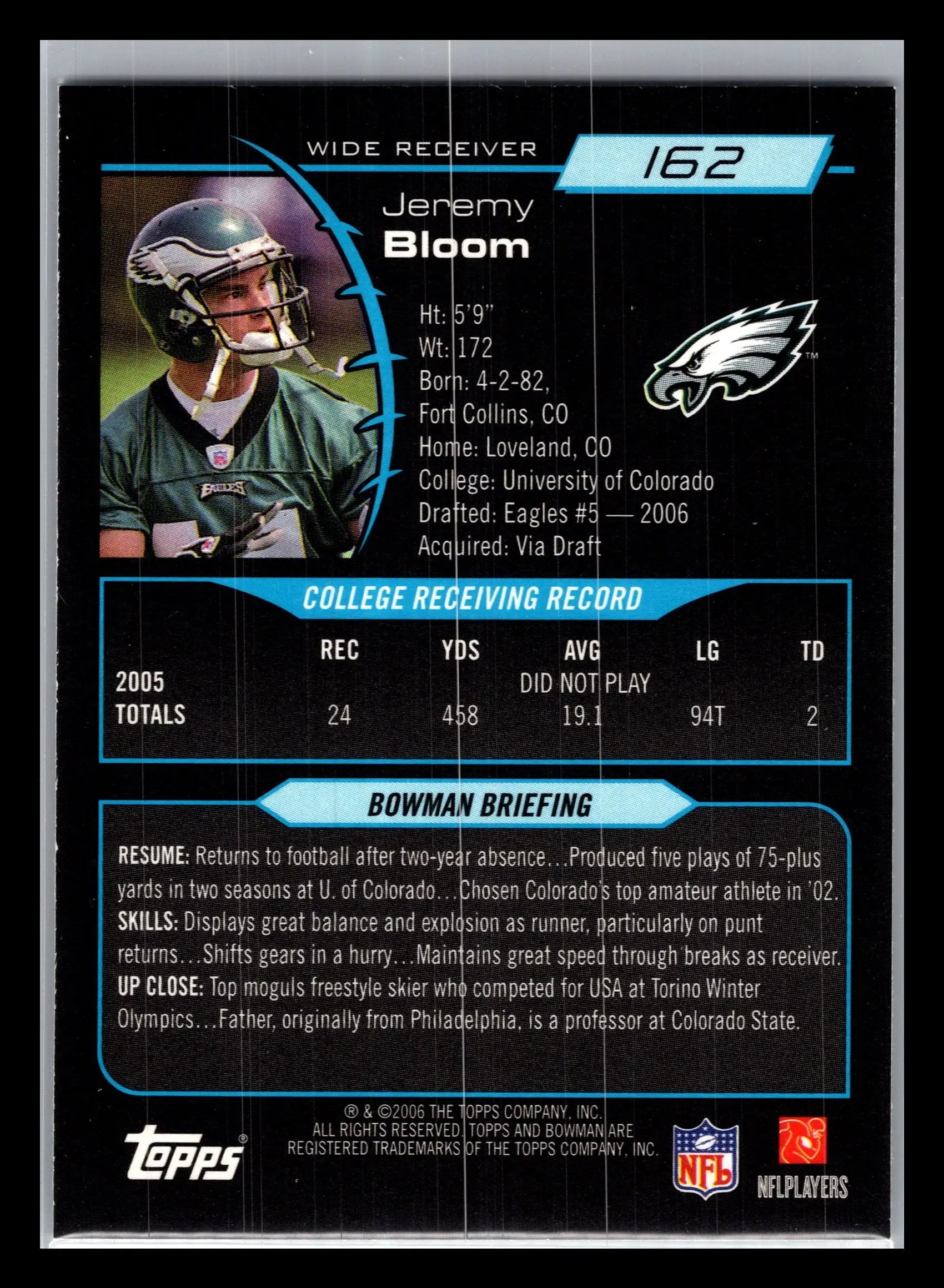 2006 Bowman #162 Jeremy Bloom Philadelphia Eagles Rookie - Football Card Single