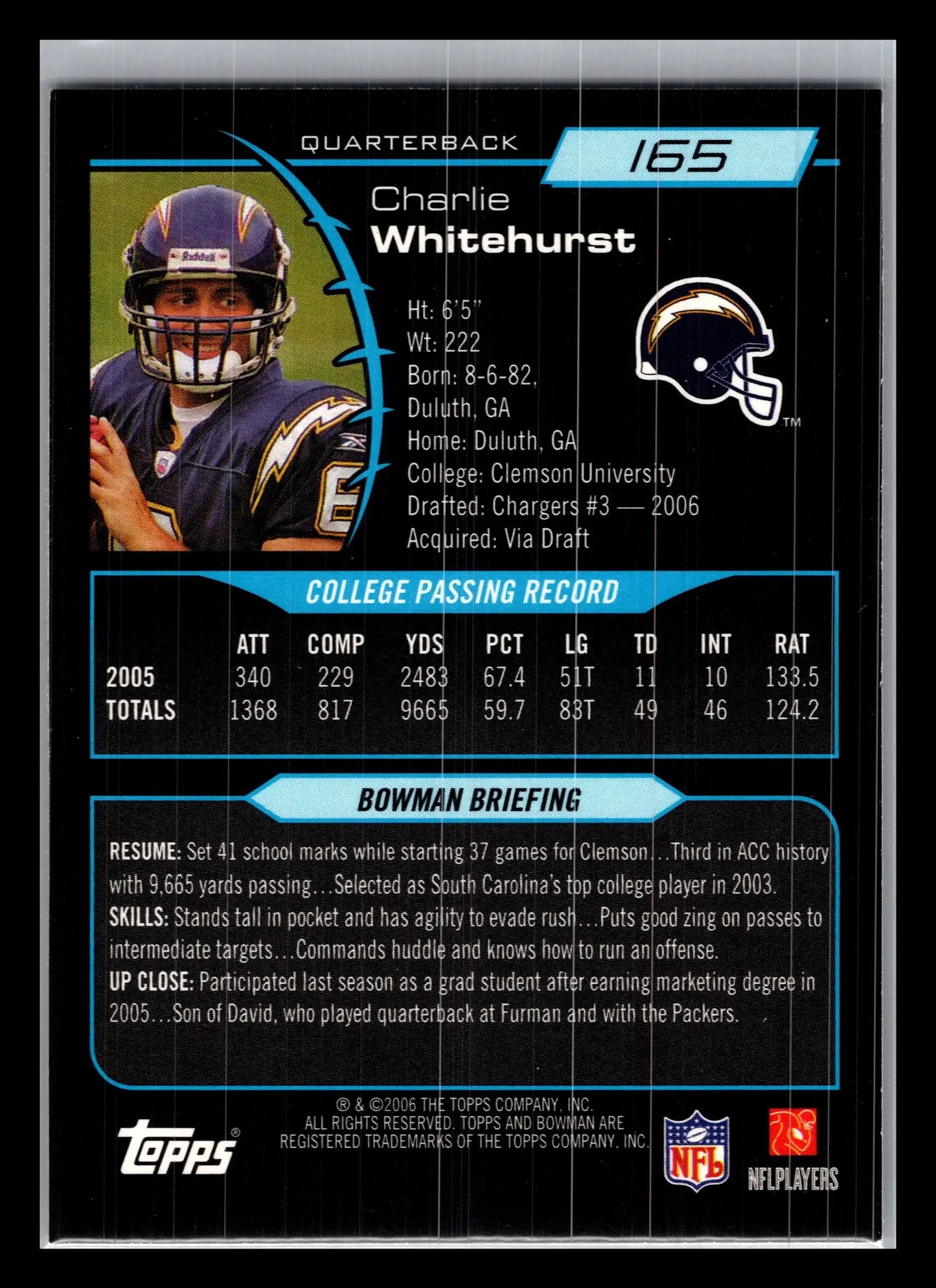 2006 Bowman #165 Charlie Whitehurst San Diego Chargers Rookie - Football Card Single