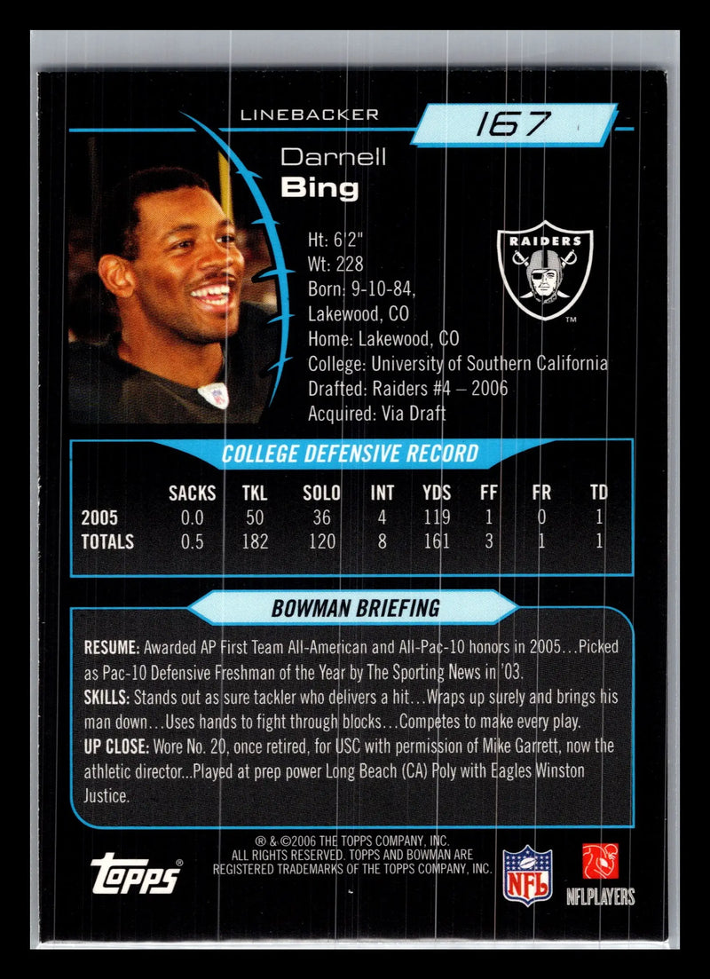 2006 Bowman #167 Darnell Bing Oakland Raiders Rookie - Football Card Single