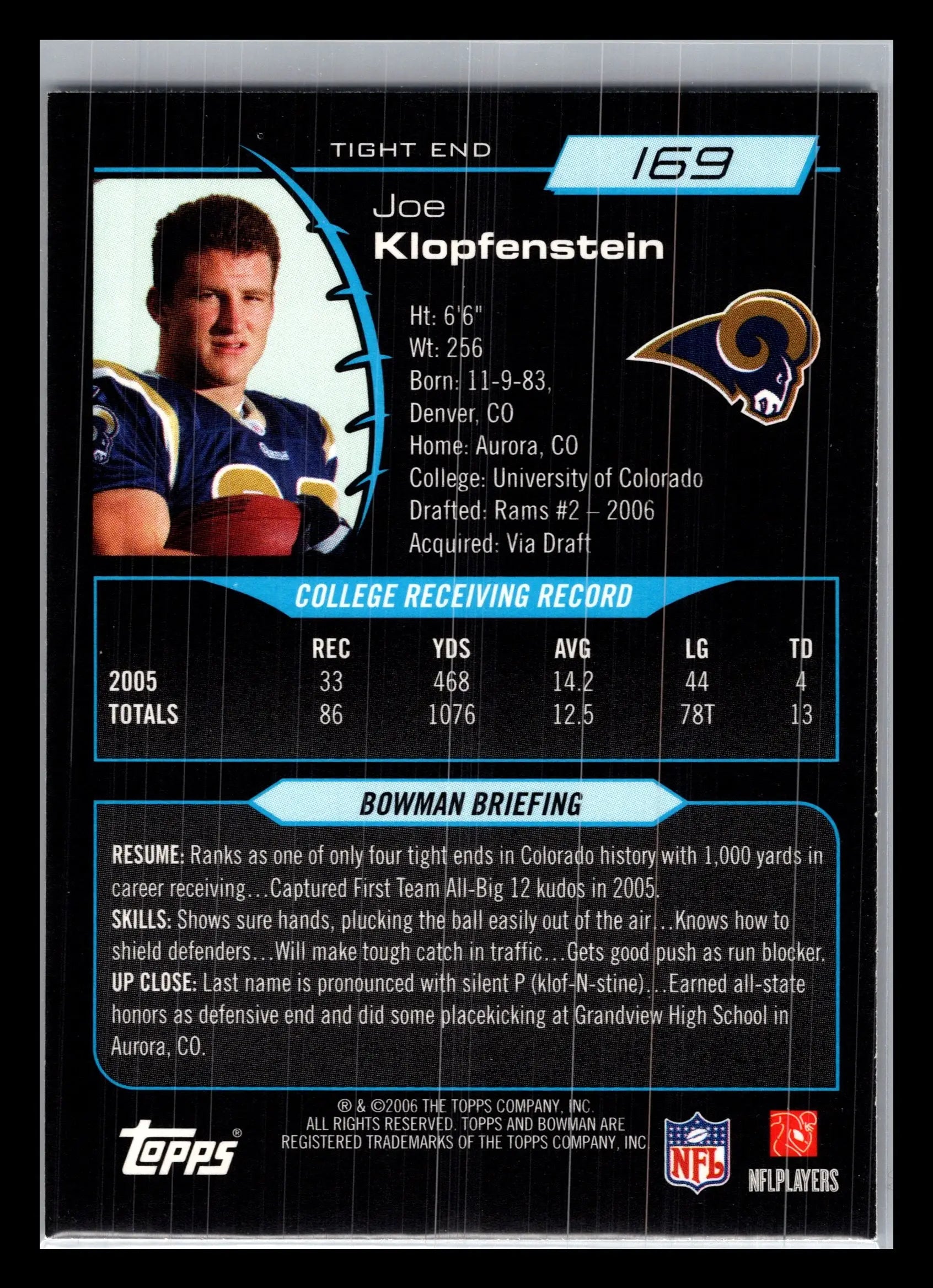 2006 Bowman #169 Joe Klopfenstein St. Louis Rams Rookie - Football Card Single