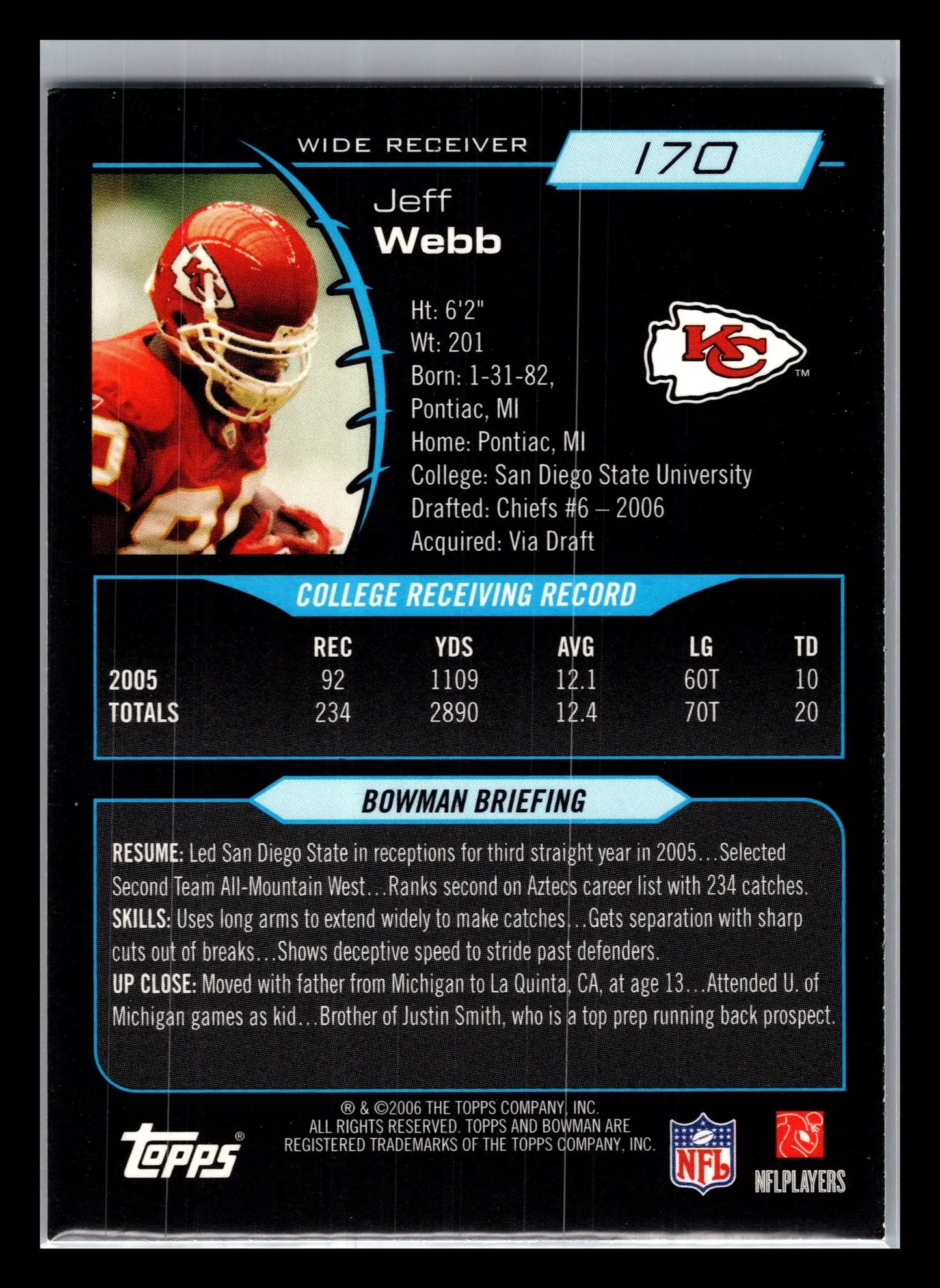 2006 Bowman #170 Jeff Webb Kansas City Chiefs Rookie - Football Card Single