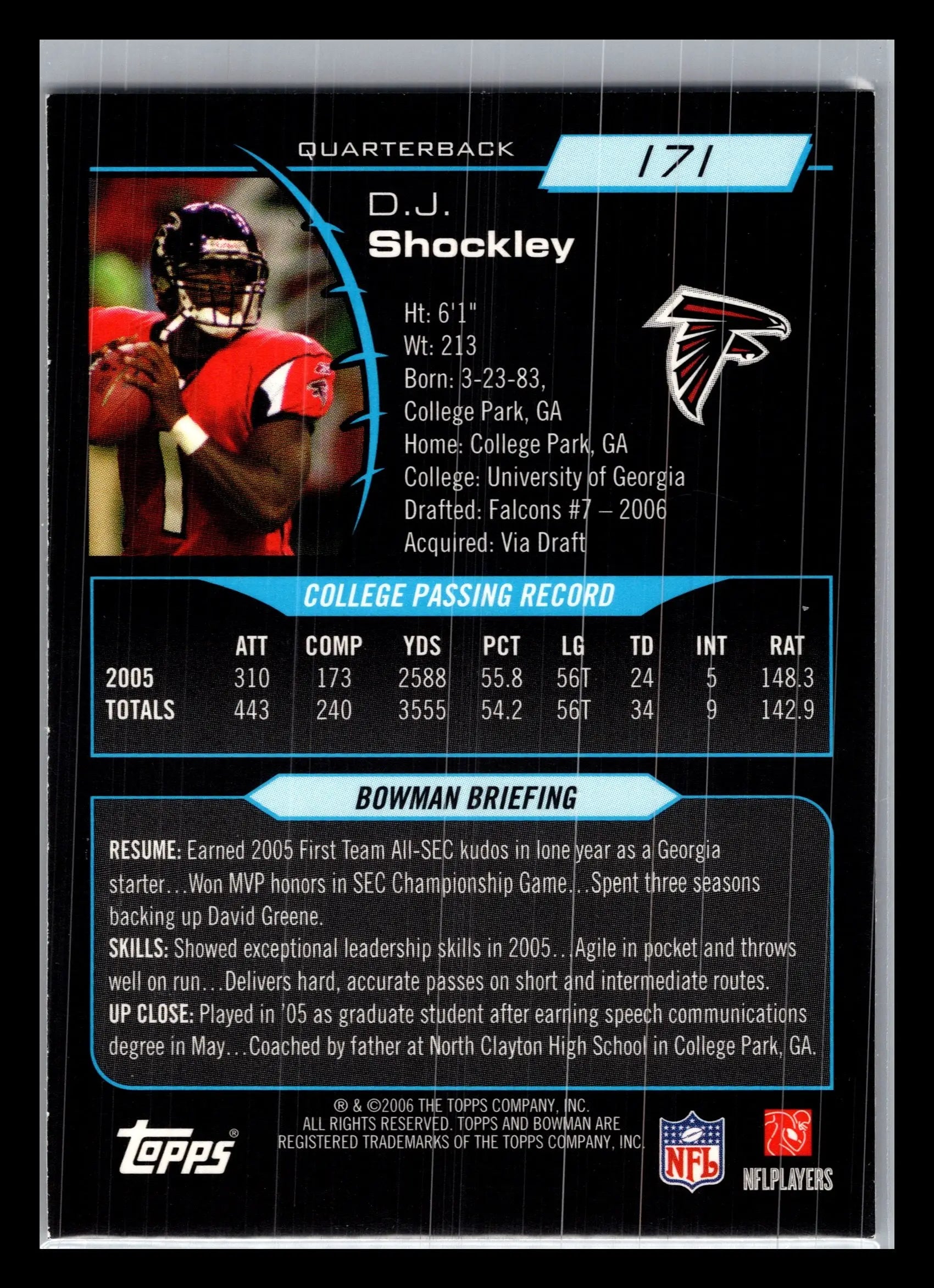 2006 Bowman #171 D.J. Shockley Atlanta Falcons Rookie - Football Card Single