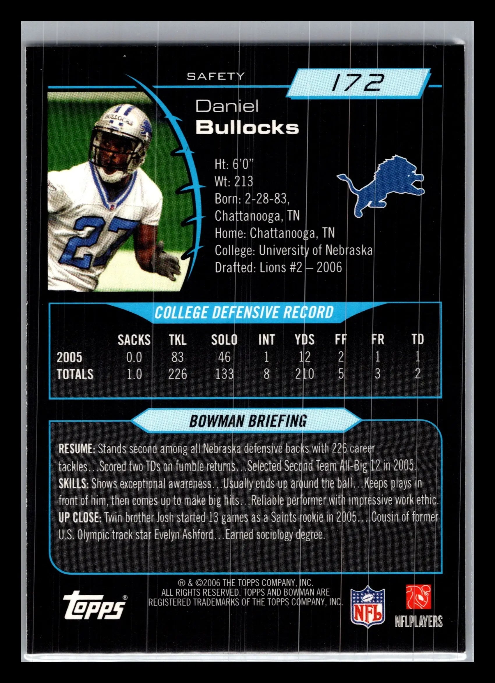 2006 Bowman #172 Daniel Bullocks Detroit Lions Rookie - Football Card Single