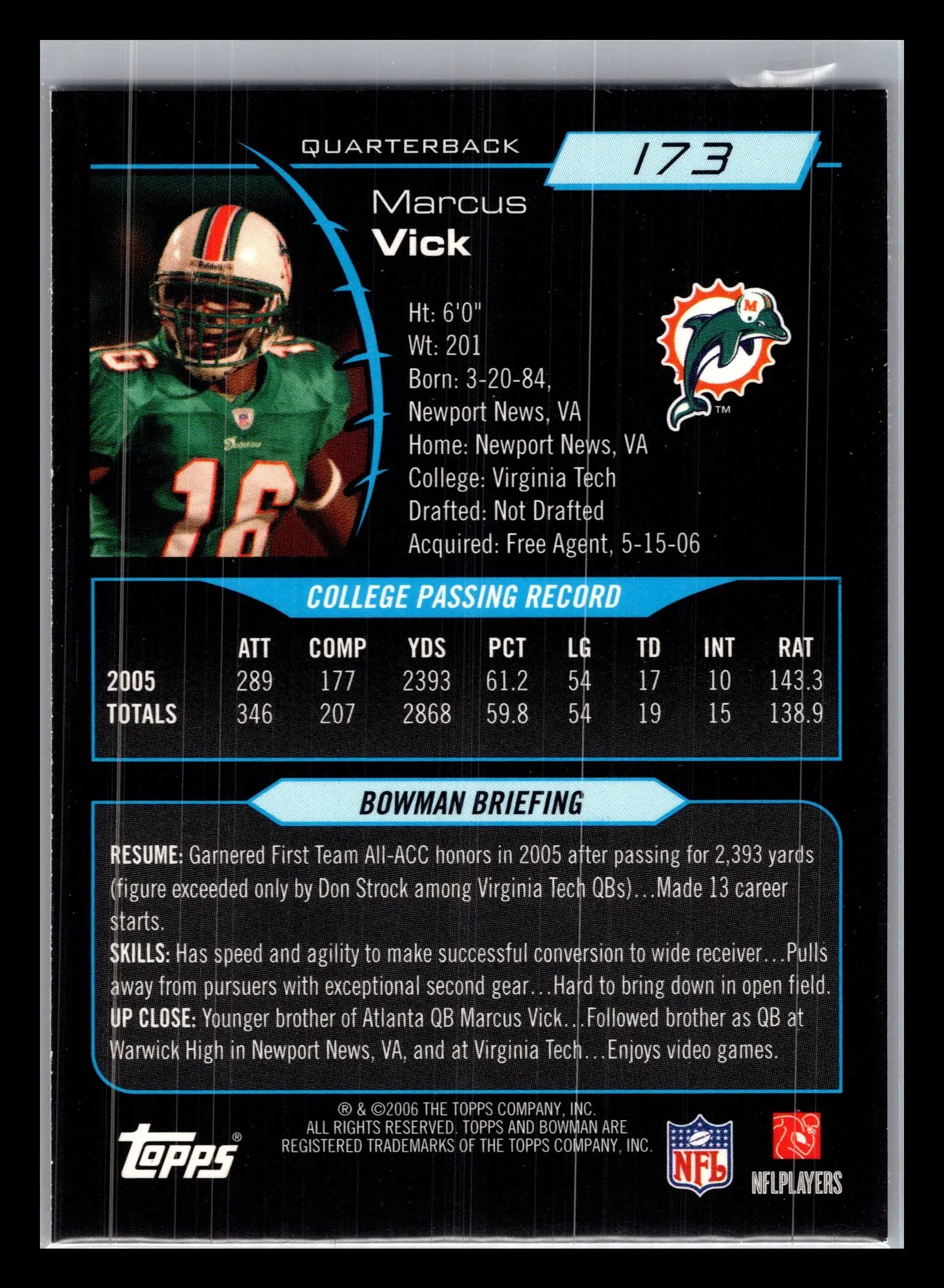 2006 Bowman #173 Marcus Vick Miami Dolphins Rookie - Football Card Single