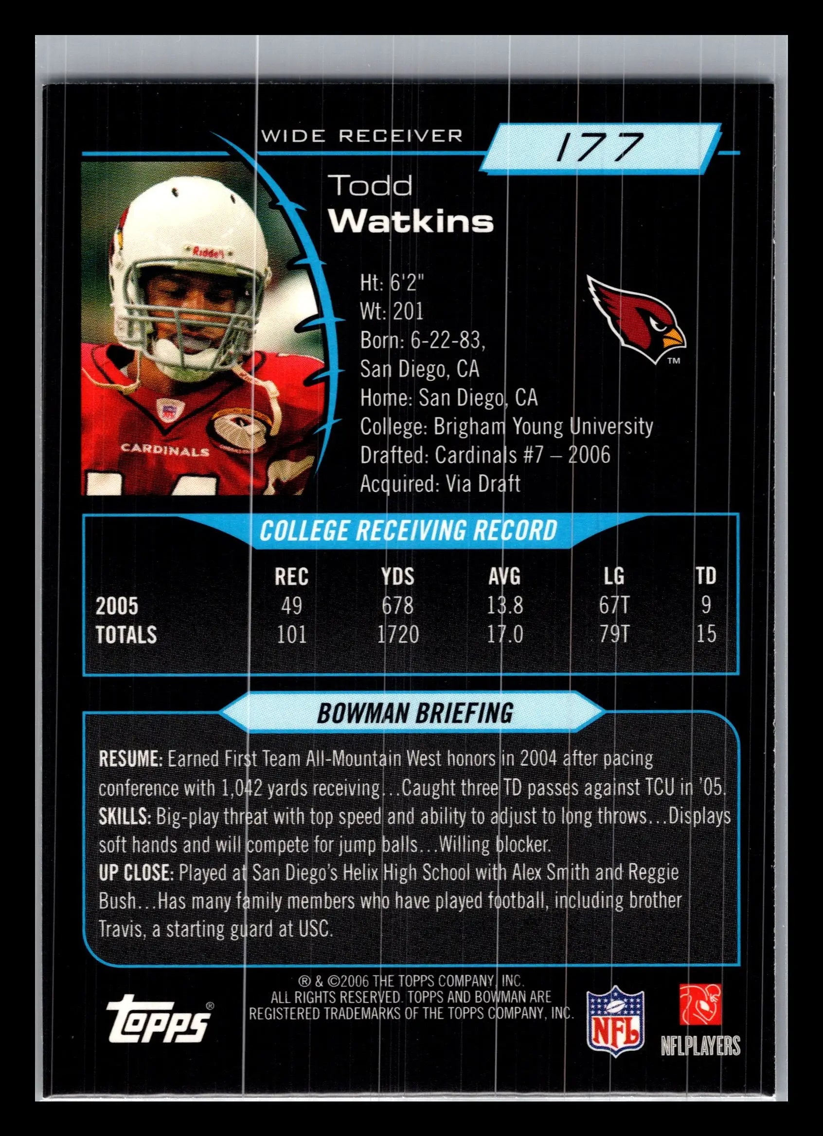 2006 Bowman #177 Todd Watkins Arizona Cardinals Rookie - Football Card Single