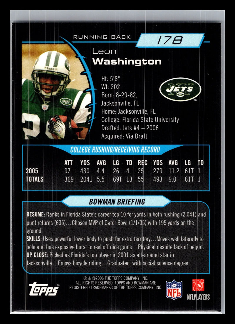 2006 Bowman #178 Leon Washington New York Jets Rookie - Football Card Single
