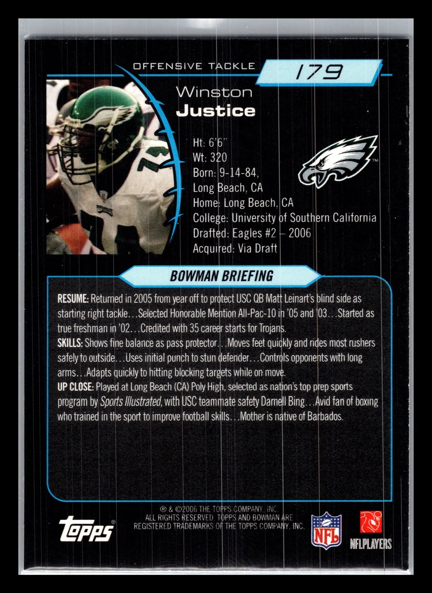 2006 Bowman #179 Winston Justice Philadelphia Eagles Rookie - Football Card Single