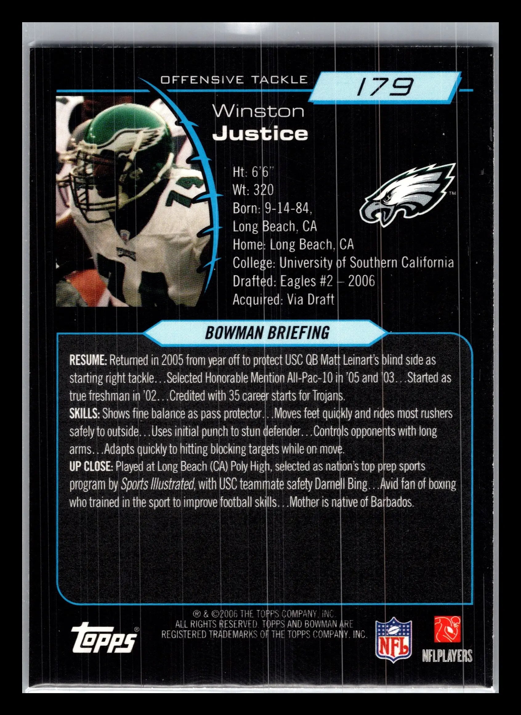 2006 Bowman #179 Winston Justice Philadelphia Eagles Rookie - Football Card Single